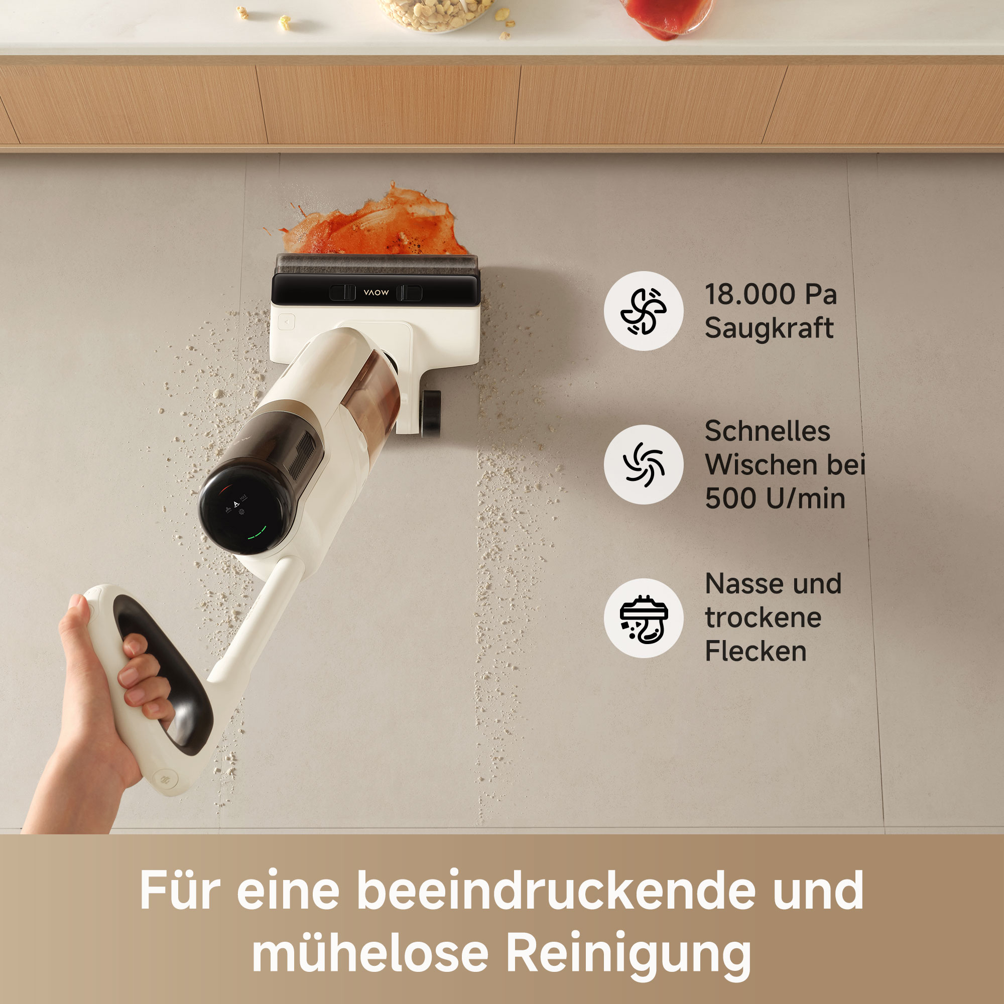 White and brown vacuum cleaner cleaning floor. Bubbles, and text about power and cleaning.