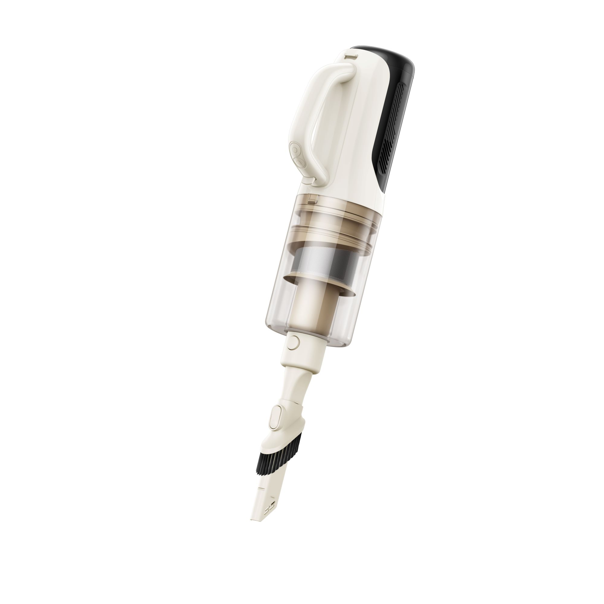 Aspirapolvere portatile senza filo, bianco e nero, su sfondo bianco.