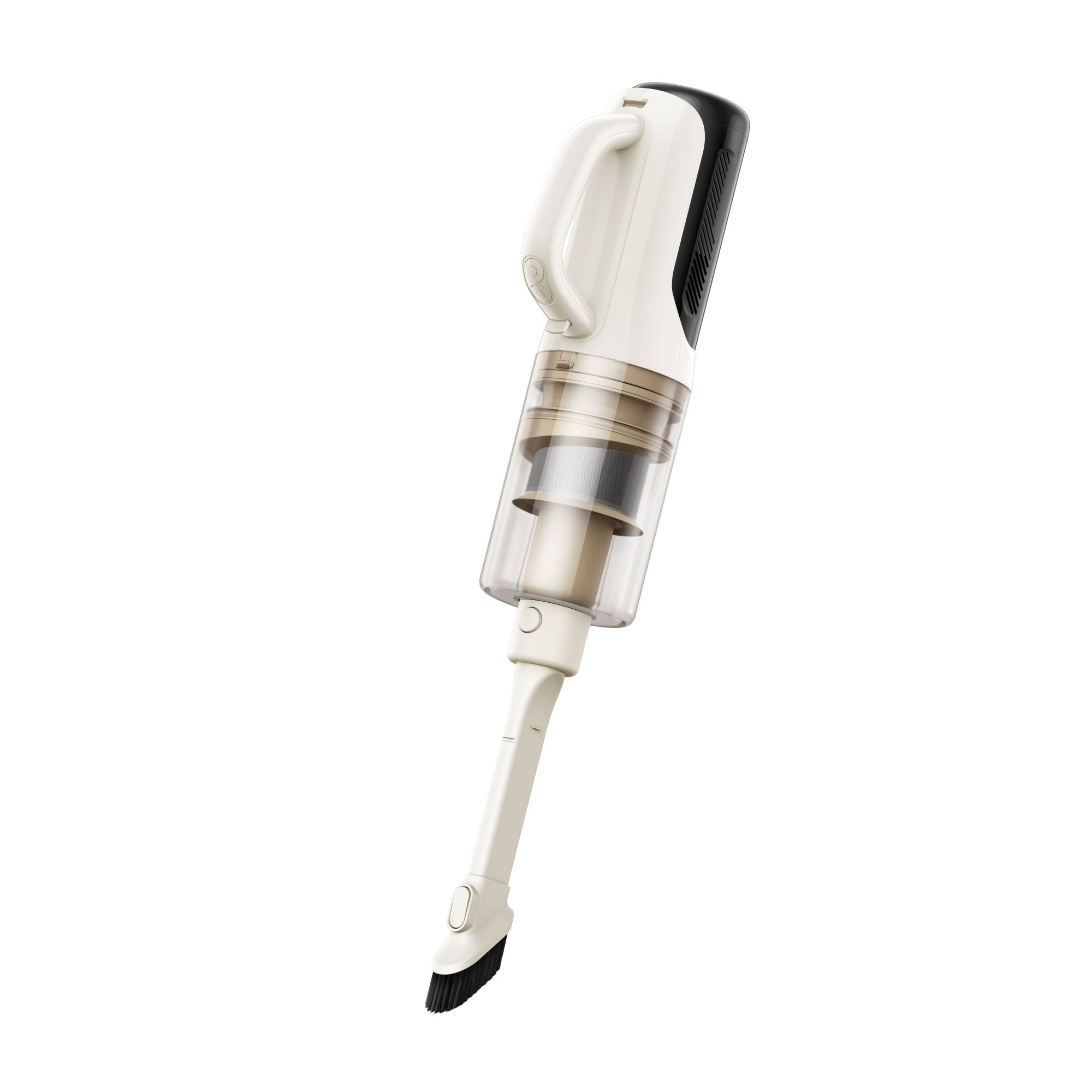 Un aspirapolvere senza fili bianco e beige, con un accessorio a spazzola.