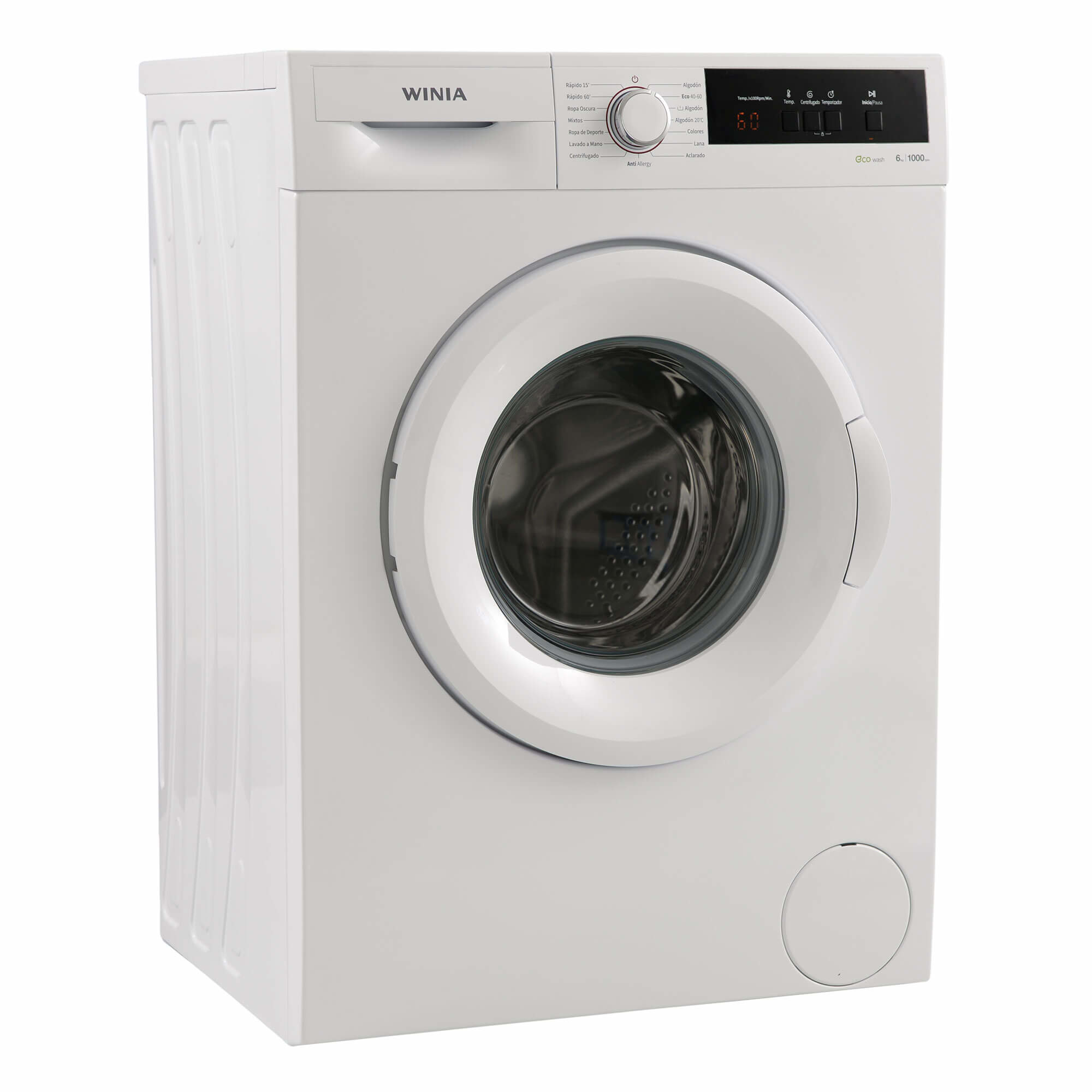 Se muestra una lavadora blanca con la marca 'WINIA'.