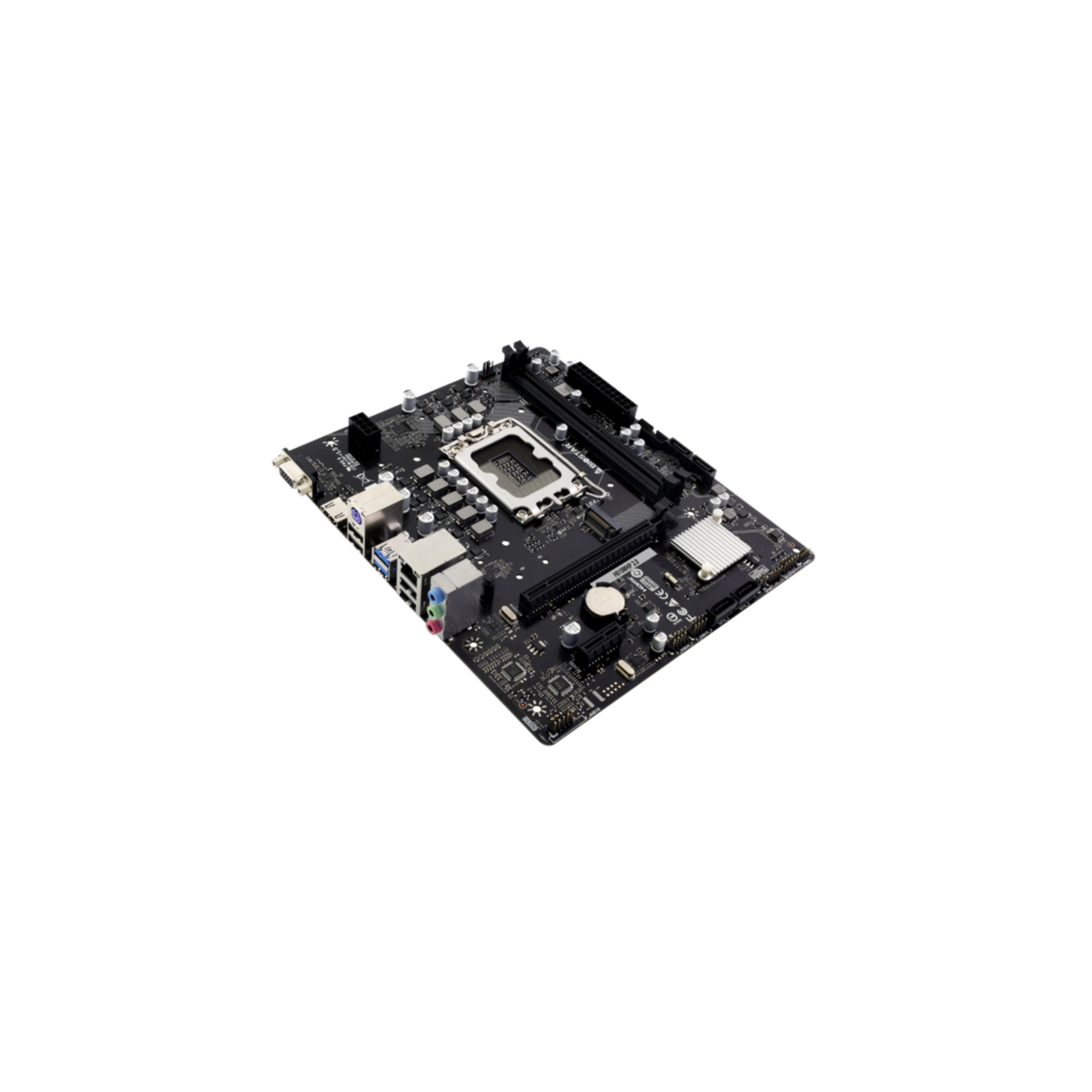 Schwarzes Motherboard mit verschiedenen Komponenten, isoliert auf weißem Hintergrund.
