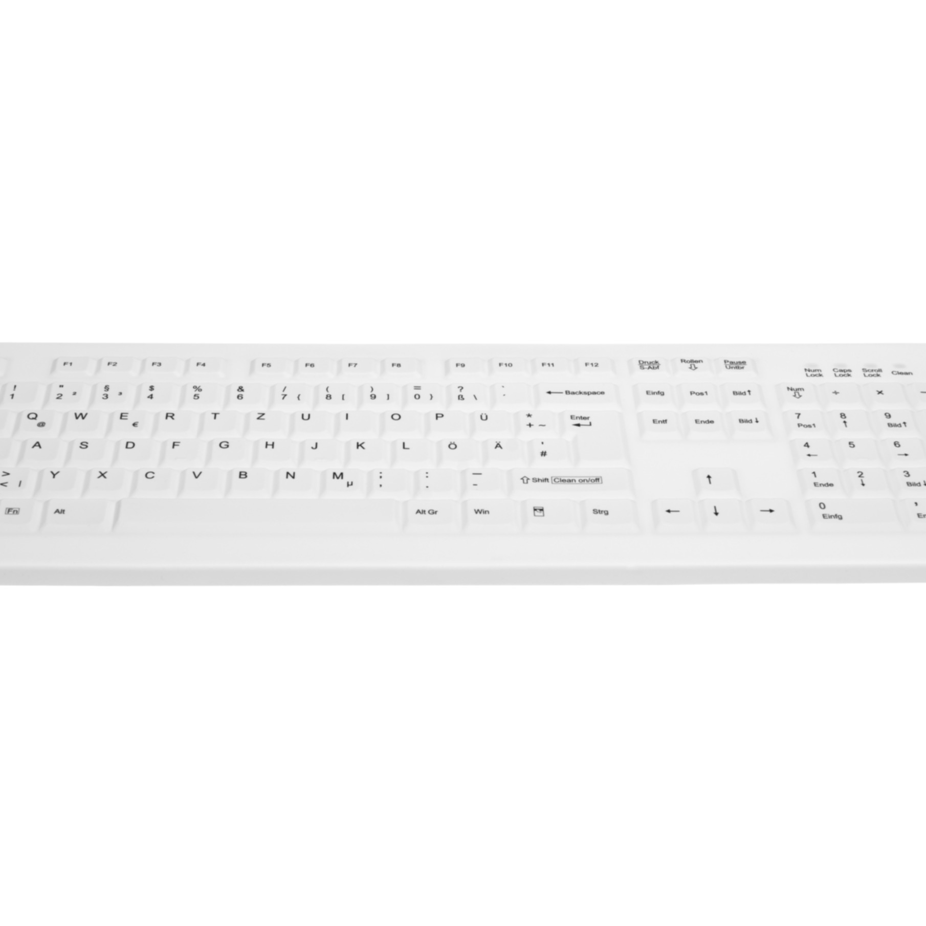 Biała klawiatura z czarnymi literami i symbolami.