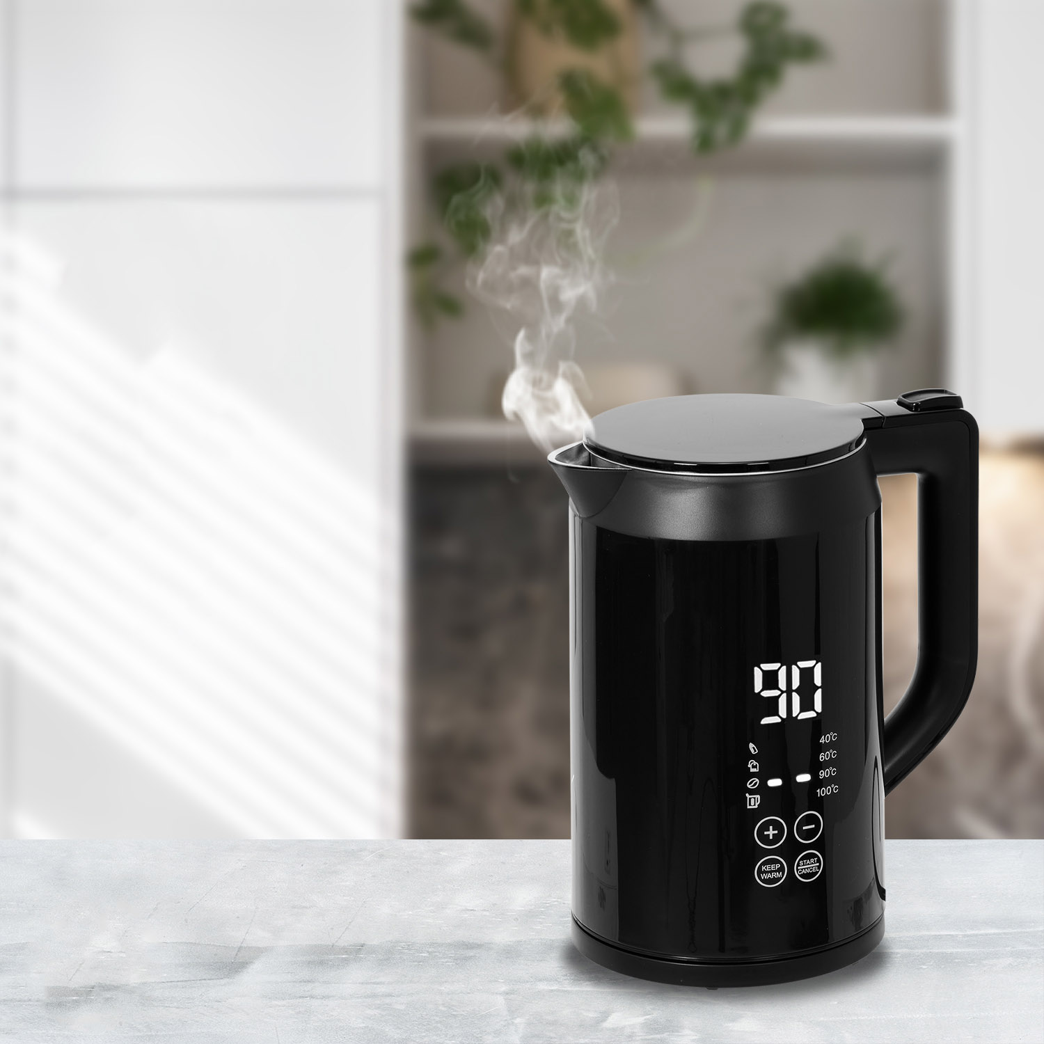 Black kettle on marble counter, steam rising. Digital display showing 90°C. Kitchen background, blurred.