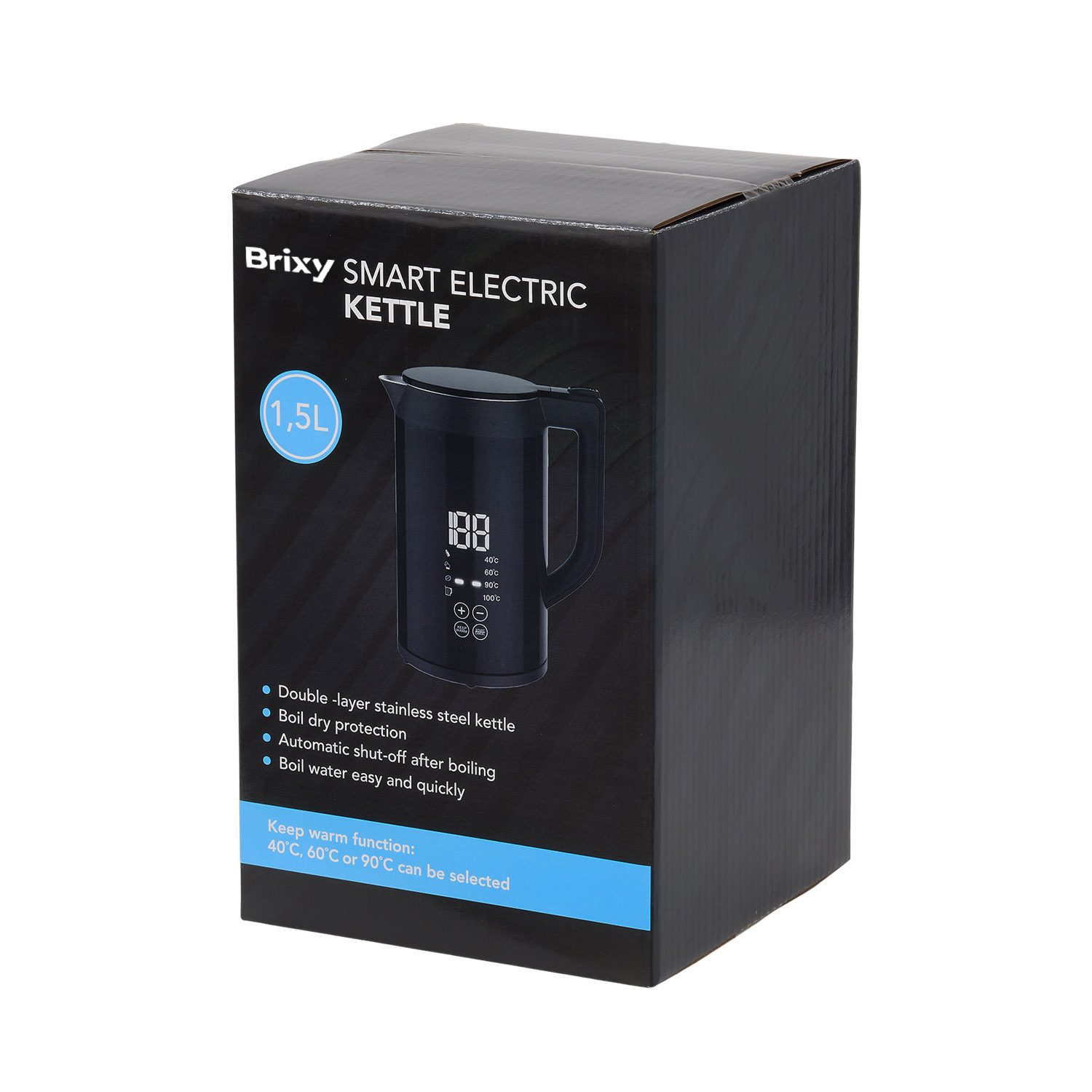 Box for Brixy Smart Electric Kettle, 1.5L capacity, showing kettle image and features like boil-dry protection.