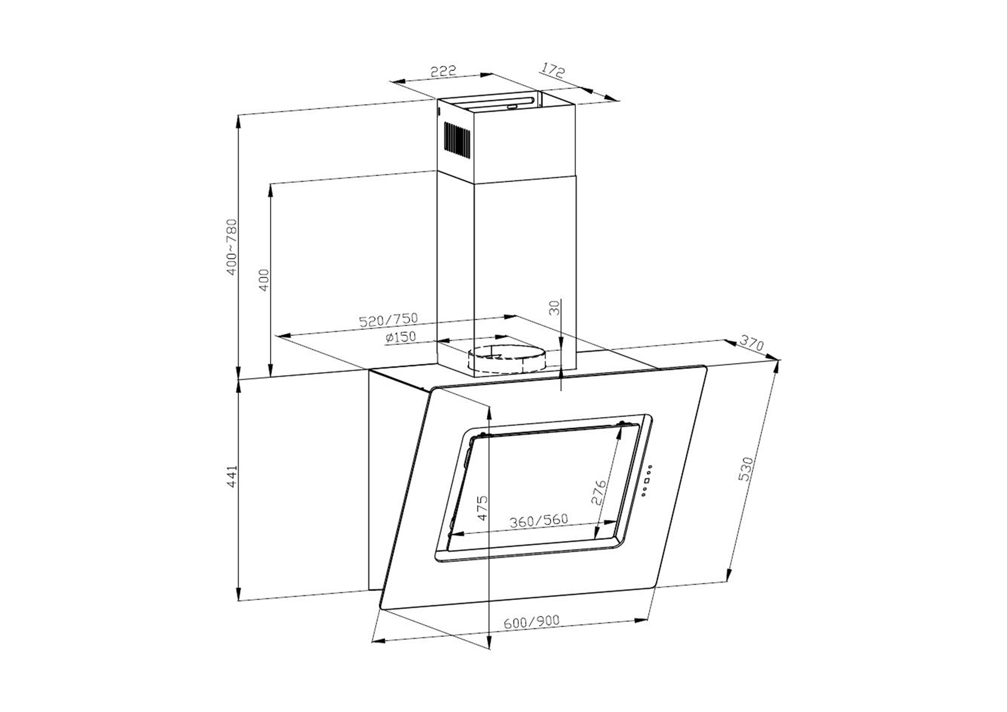 Un diagramma di una cappa aspirante, con dimensioni e misure.