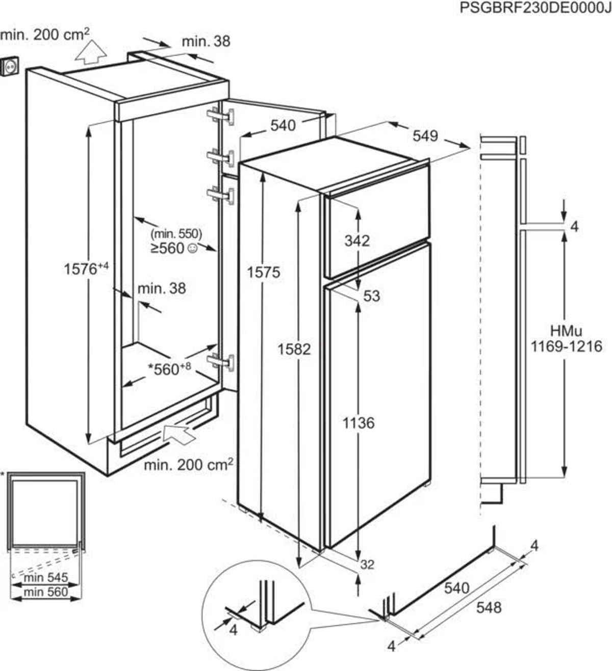Diagramma che mostra dimensioni e misure per l'installazione di un frigorifero. Include dettagli tecnici in mm.