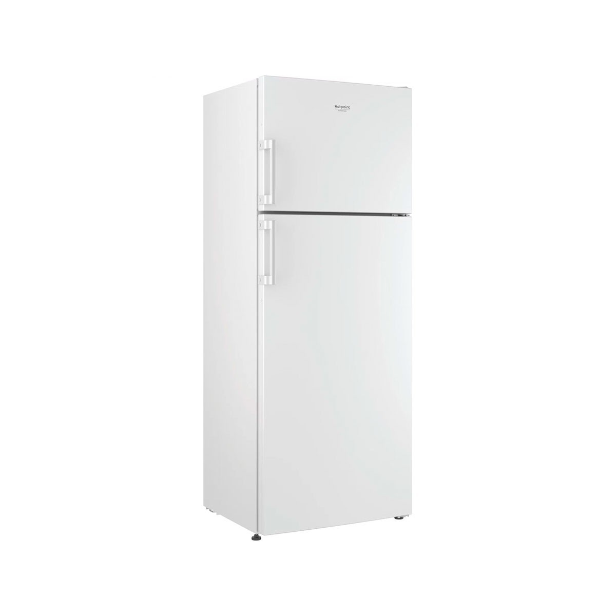 Ein weißer Kühlschrank mit zwei Türen, von vorne gesehen.