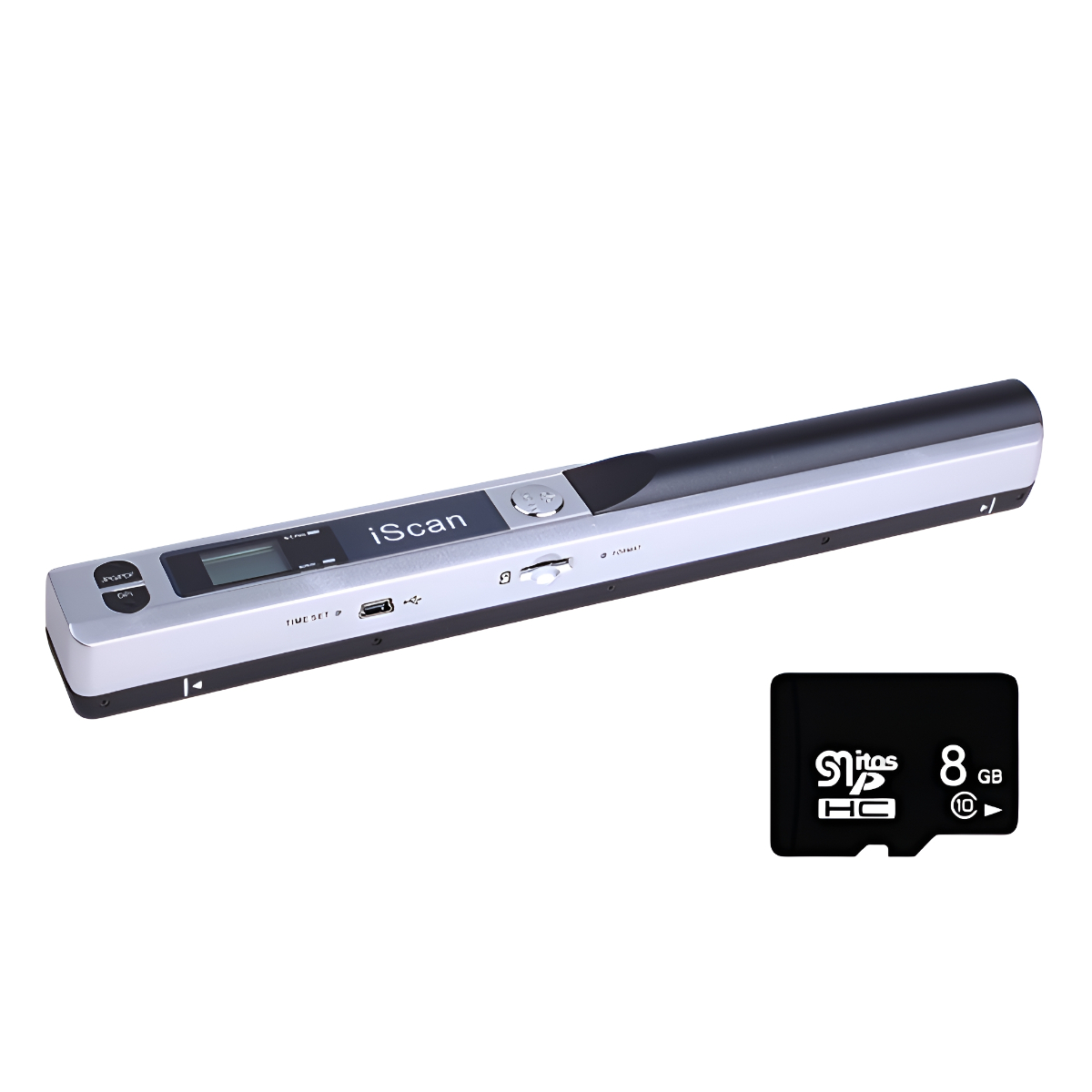 Ein silberner und schwarzer Scanner mit Display und SD-Karte daneben, weißer Hintergrund.
