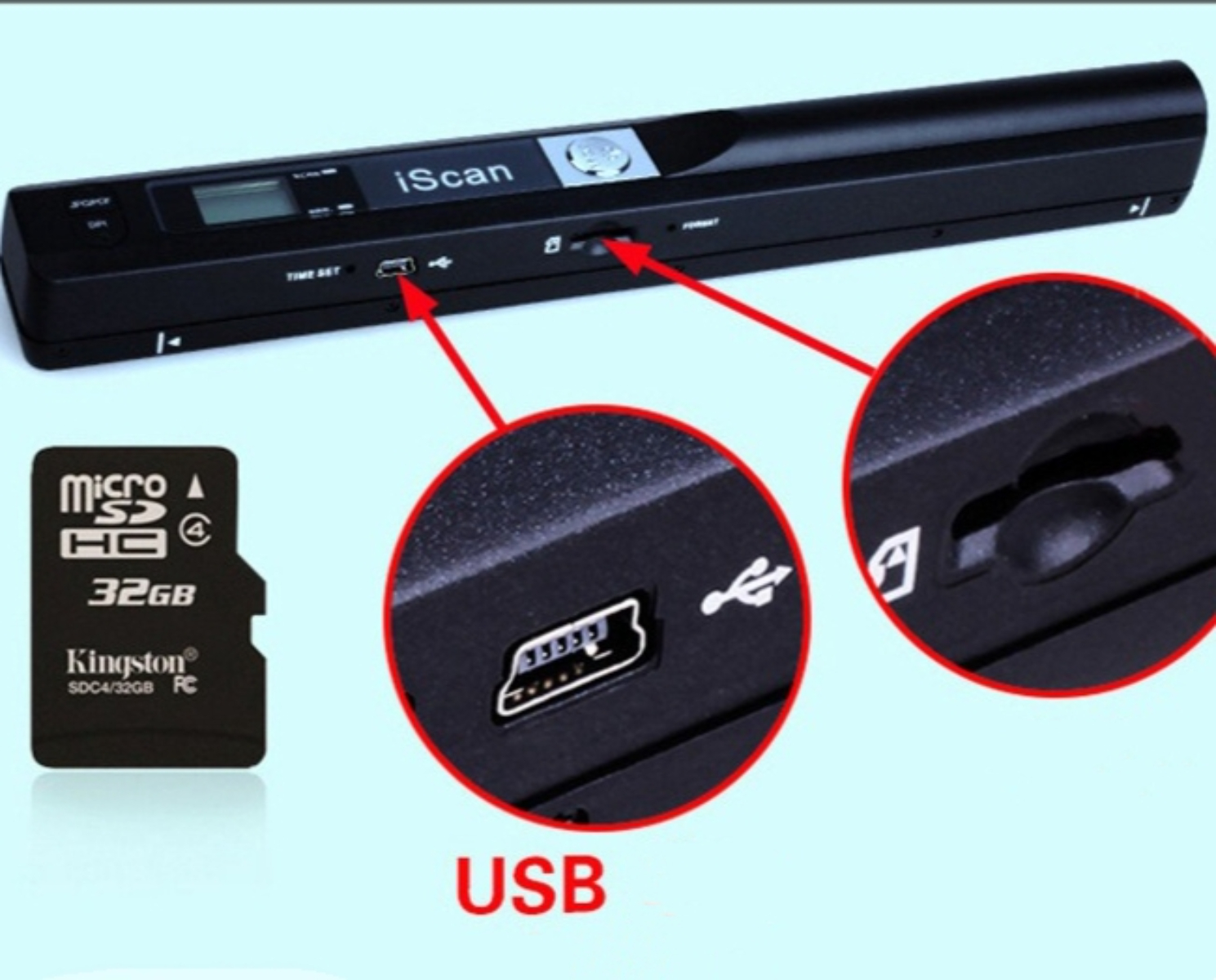 Schwarzer iScan-Scanner mit Micro-SD-Karte und USB-Anschluss, Pfeile zeigen.