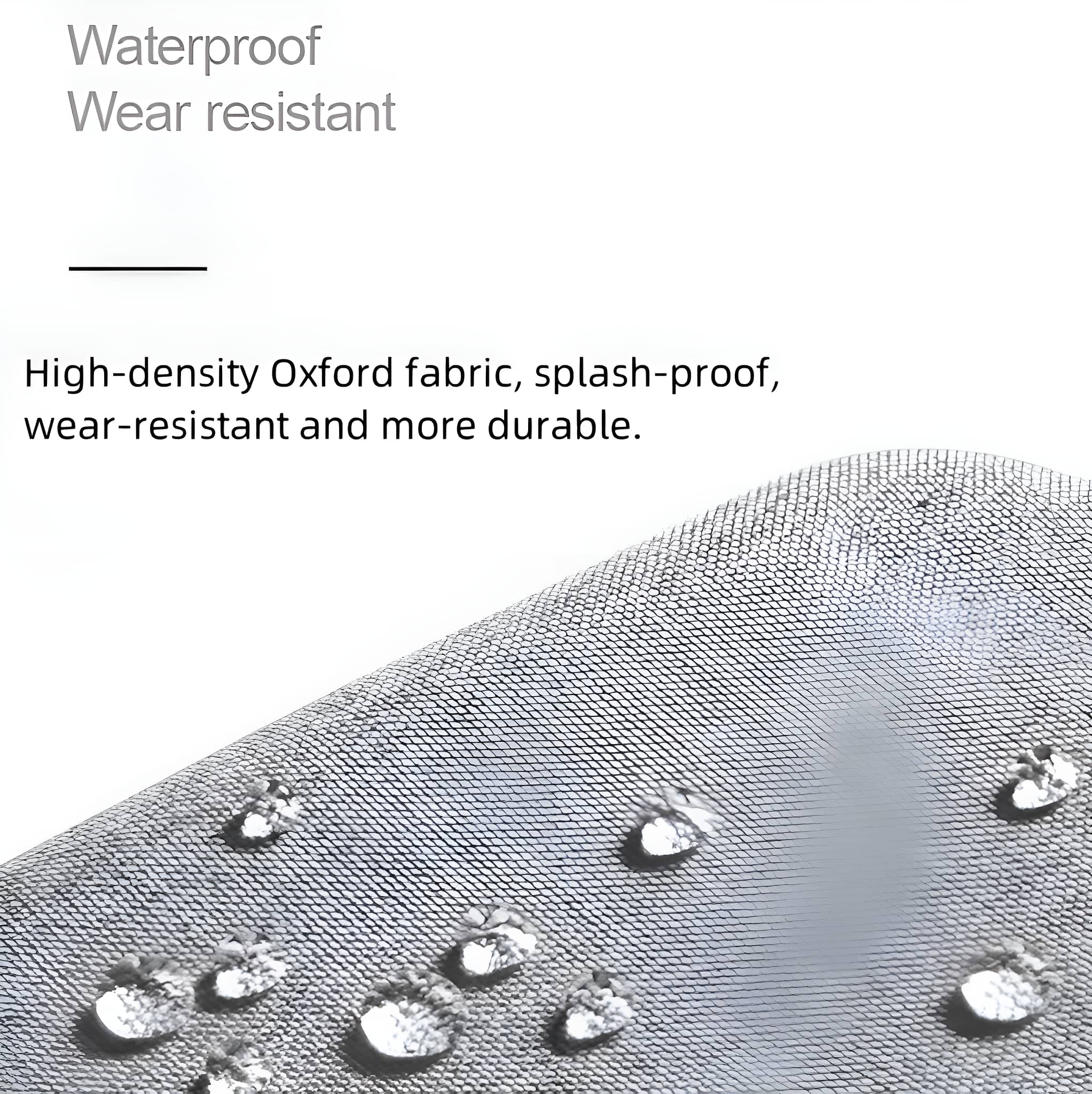 Nahaufnahme von Wassertropfen auf einem Mesh-Gewebe. Text: 'Waterproof Wear resistant'.