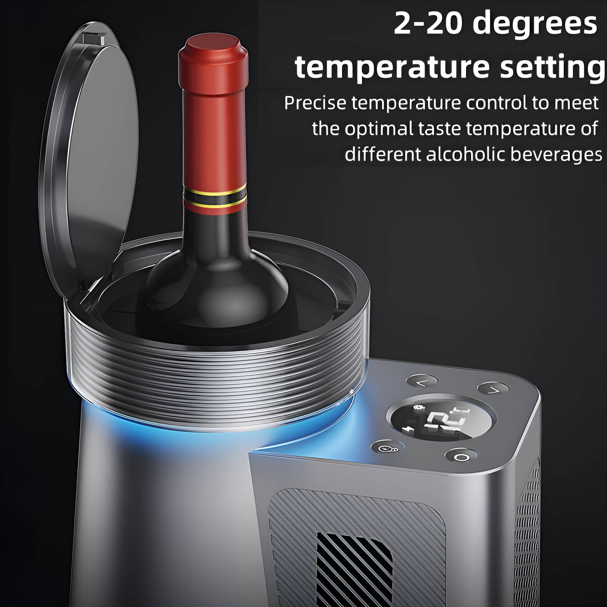 Weinflasche in einem Kühlgerät mit Temperatureinstellung. Das Gerät ist silberfarben, schwarzer Hintergrund.