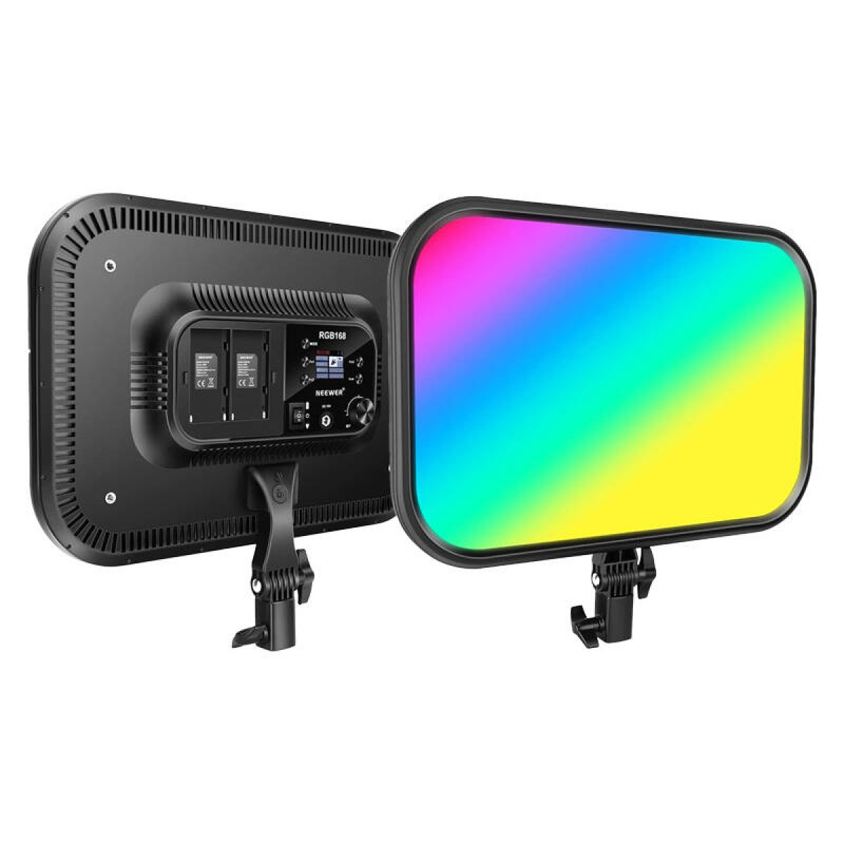 Zwei rechteckige LED-Leuchten, eine mit Regenbogenfarben, auf weißem Hintergrund.