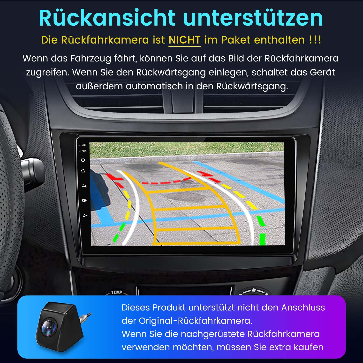 Ein Auto-Armaturenbrett-Bildschirm, der die Ansicht einer Rückfahrkamera mit Linien zeigt.