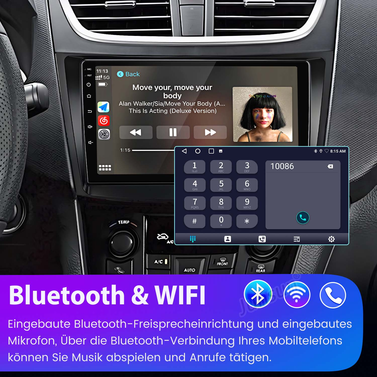Autoradio-Bildschirm mit Musik und Navigation. Eine Telefonwähl-Oberfläche wird ebenfalls angezeigt.