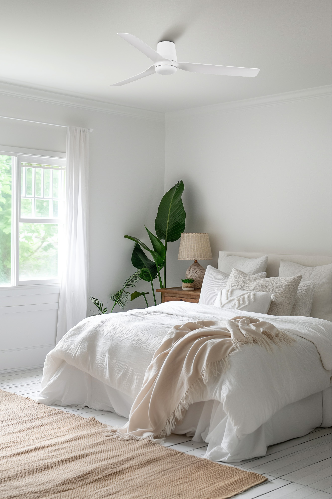 Una camera da letto luminosa con un letto, un ventilatore, una pianta e una finestra con tende.