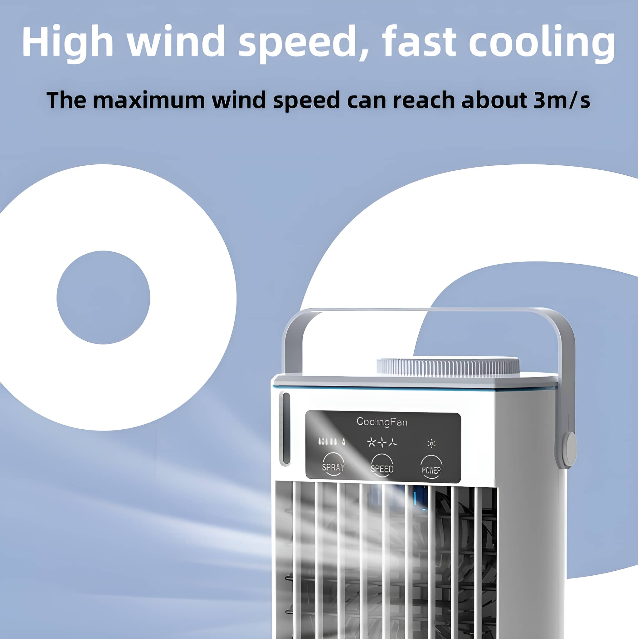 Weißer und blauer Kühlventilator. Das Display zeigt Spray, Speed und Power an. Der Hintergrund ist hellblau.