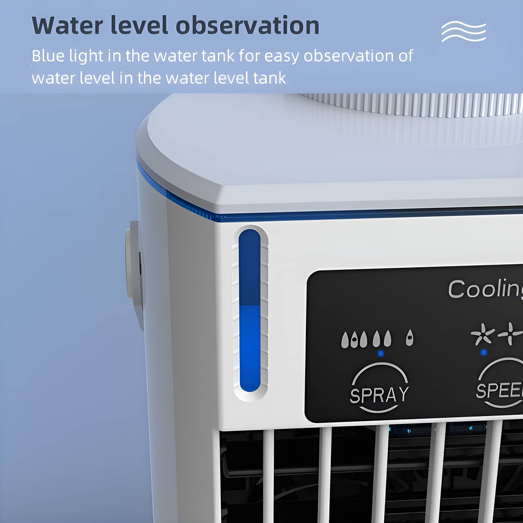 Weißes Geräte Detail mit Wasserstandsanzeige. Blaues Licht zeigt Wasserstand. Sprüh- und Geschwindigkeitsregler.