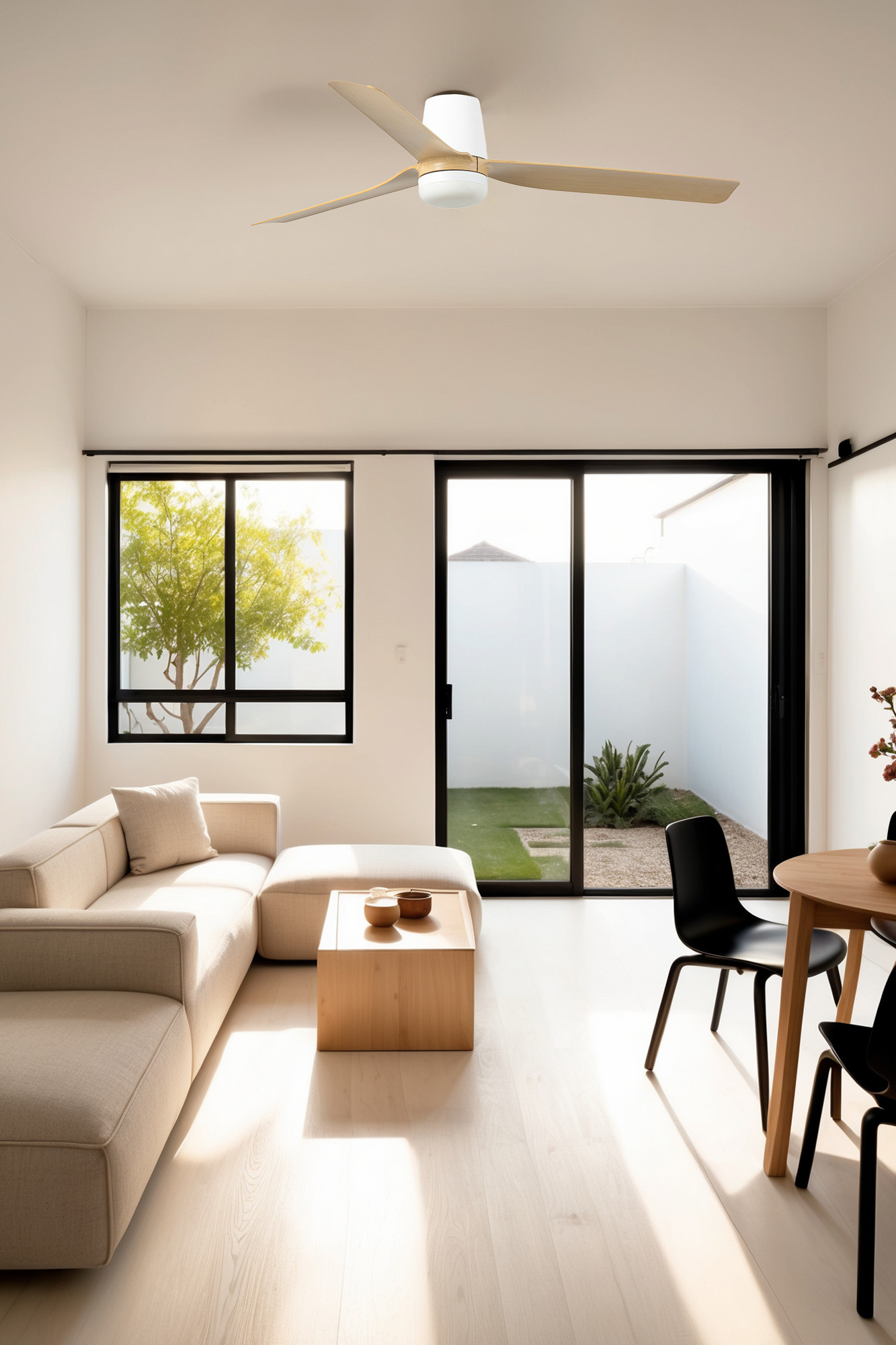 Un soggiorno moderno con divano componibile beige e mobili in legno.