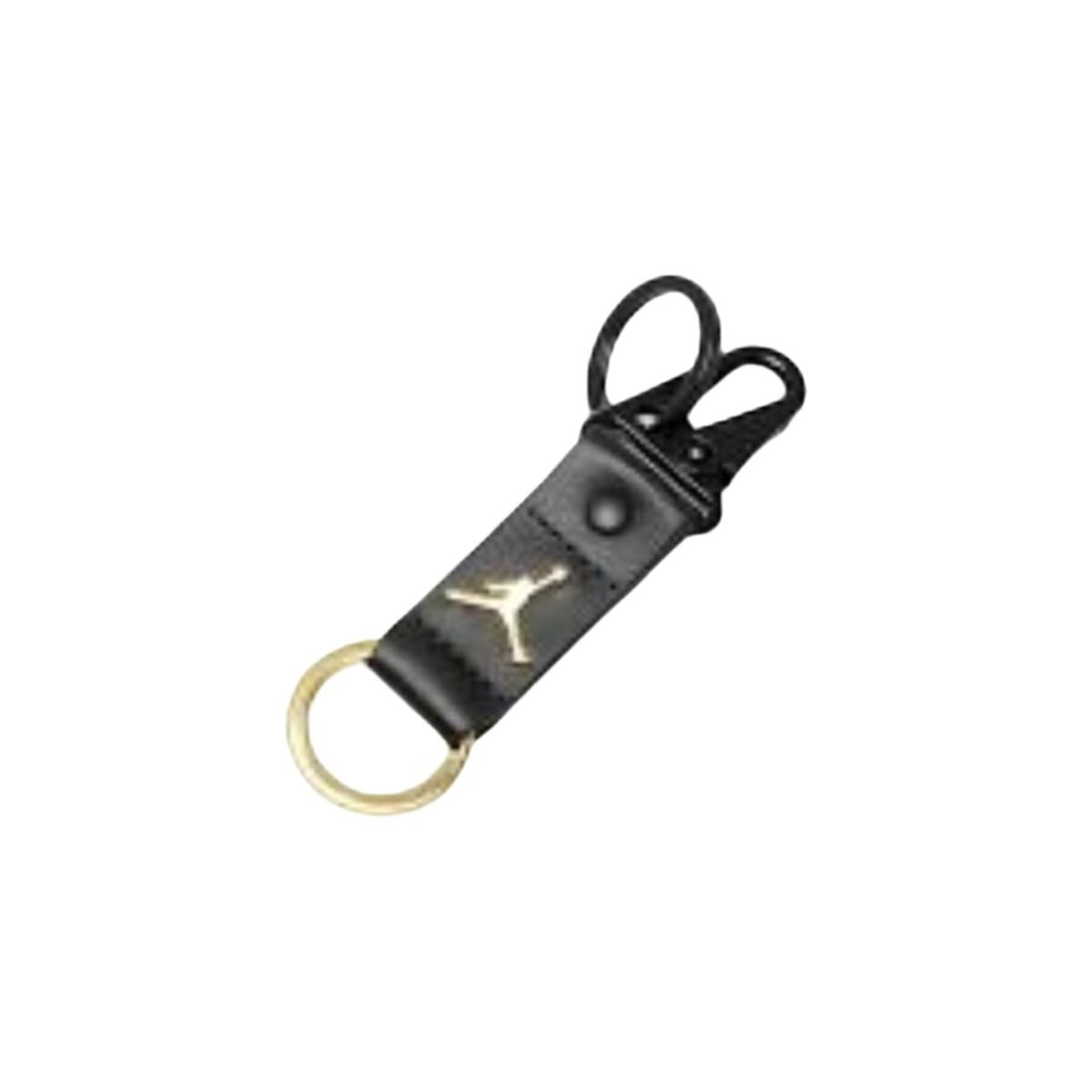 Schwarzer Leder-Schlüsselanhänger mit goldenem Ring und Jordan-Logo.