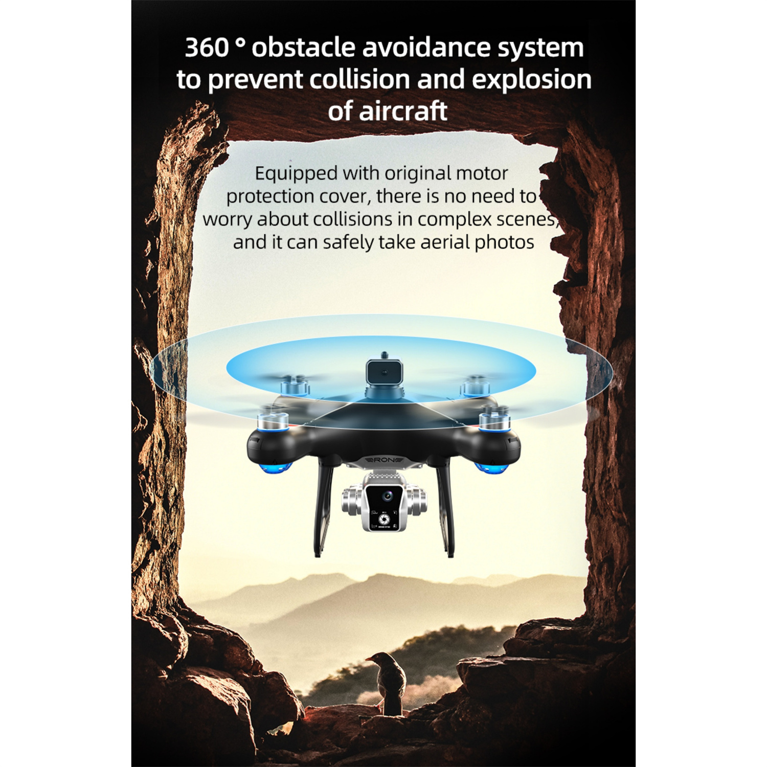 Eine Drohne in einer Höhle mit einem 360°-Hindernisvermeidungssystem.