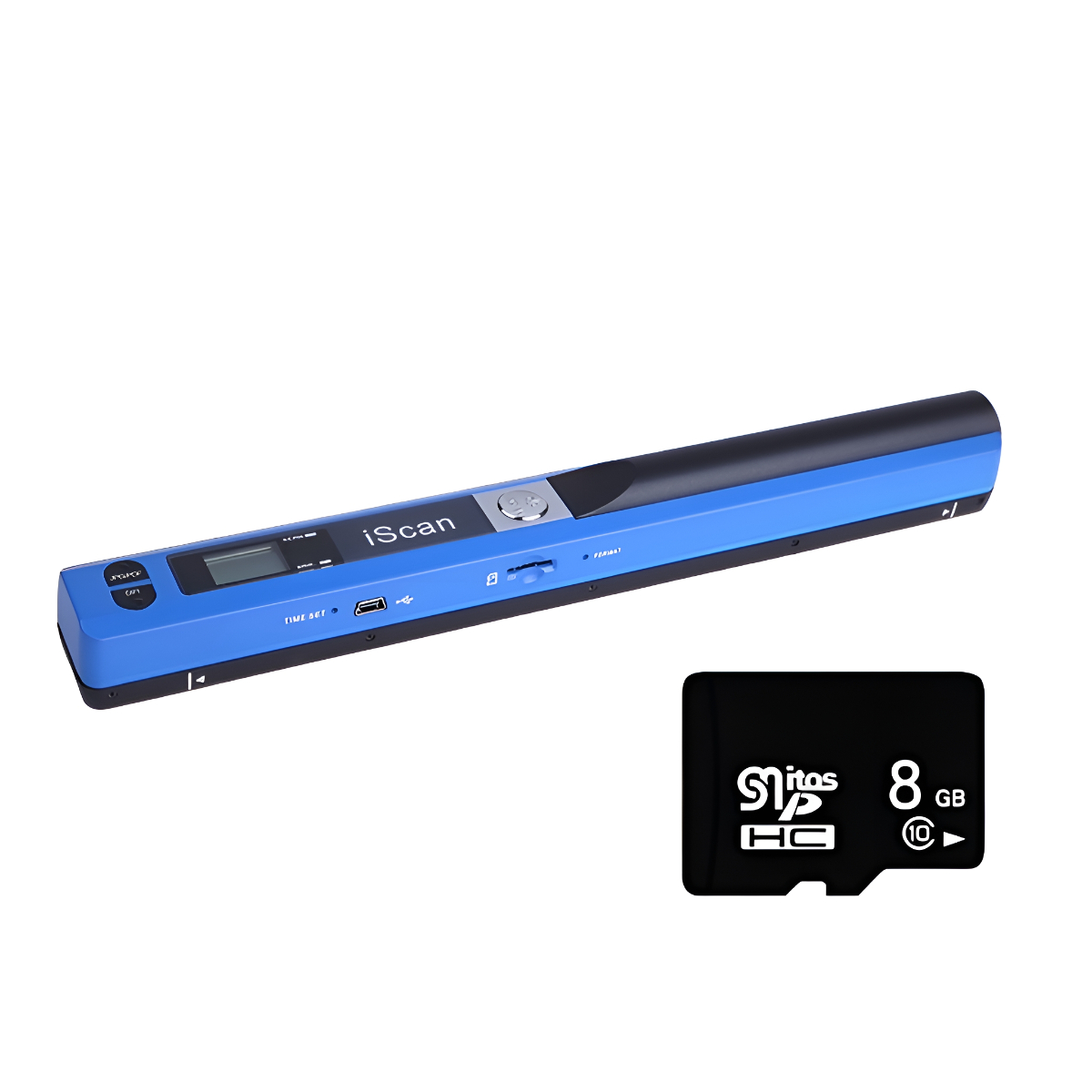 Blauer und schwarzer tragbarer iScan-Scanner und eine schwarze SD-Karte. Der Scanner hat Knöpfe und einen kleinen Bildschirm.