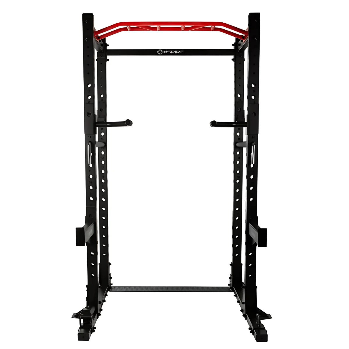 Een zwart en rood power rack voor gewichtheffen, leeg, met verstelbare steunen.