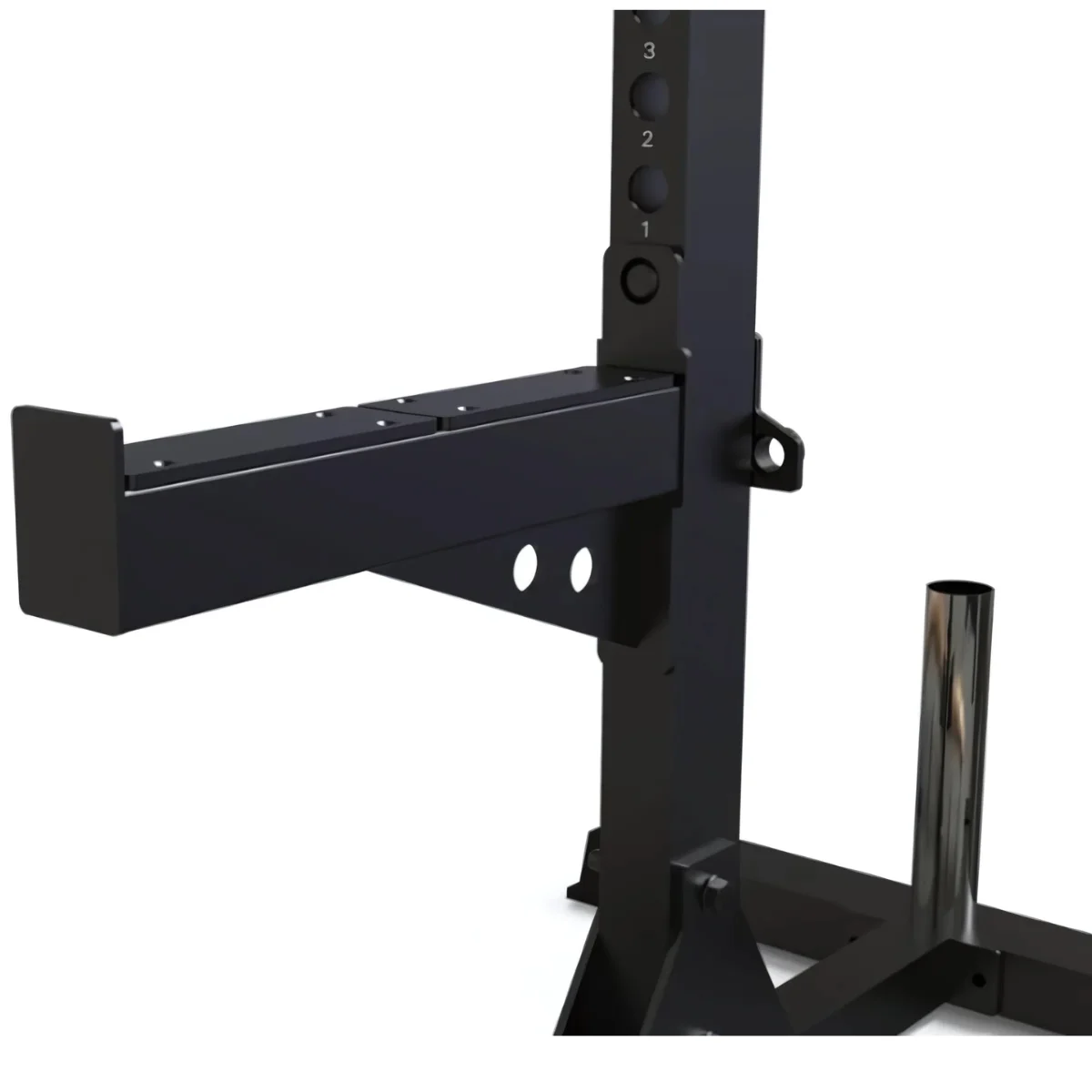Ein schwarzes Gewichtheber-Rack mit einem Gewichtshalter und nummerierten Aufrechten.