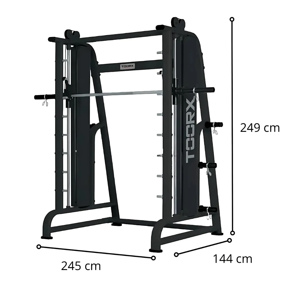 Zwarte fitnessmachine met stang, voor gewichtheffen, met afmetingen in cm.