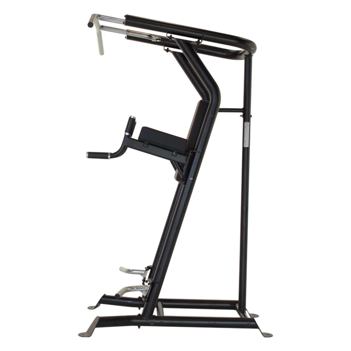 Zwarte en zilveren fitnessapparatuur, zijaanzicht, geïsoleerd op witte achtergrond.