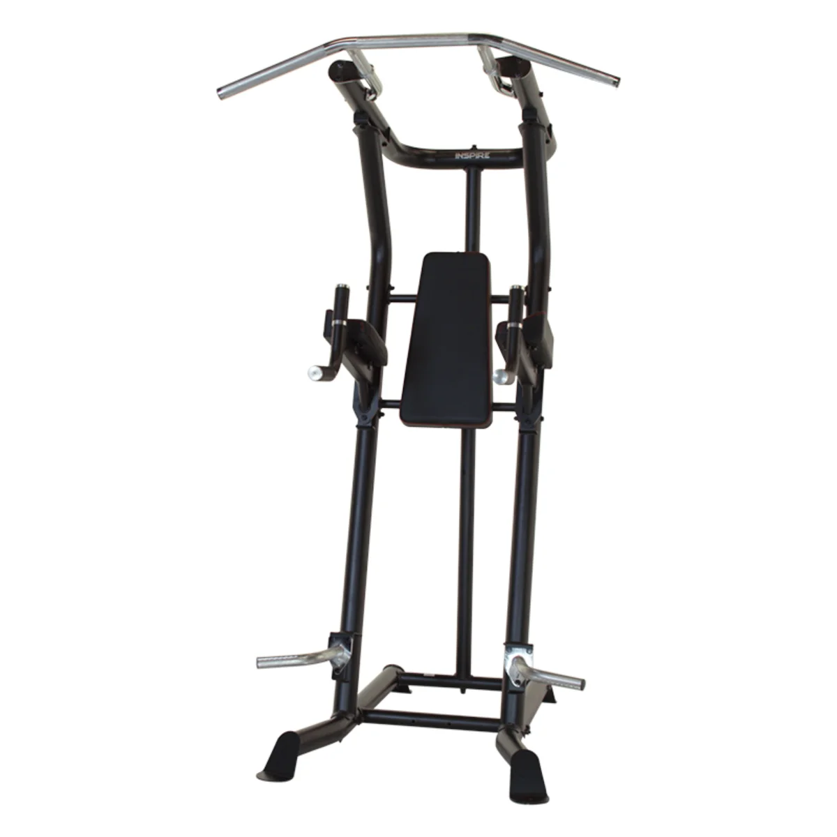 Fitnessapparaat met meerdere grepen en handvatten. Zwart en metallic.