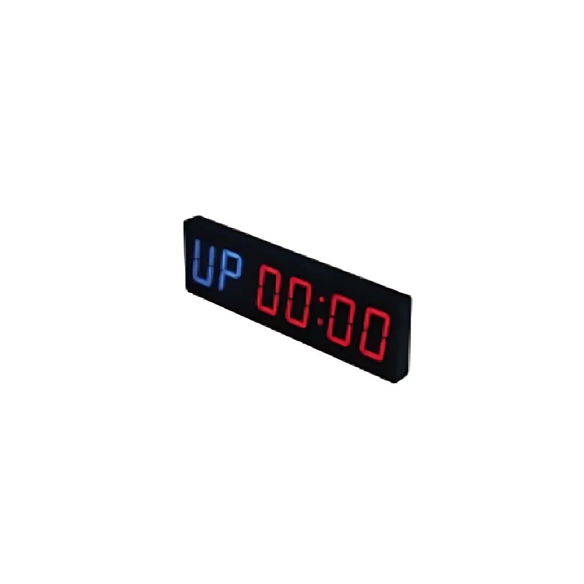 Une minuterie numérique noire avec des chiffres rouges et bleus, affichant 'UP 00:00'.
