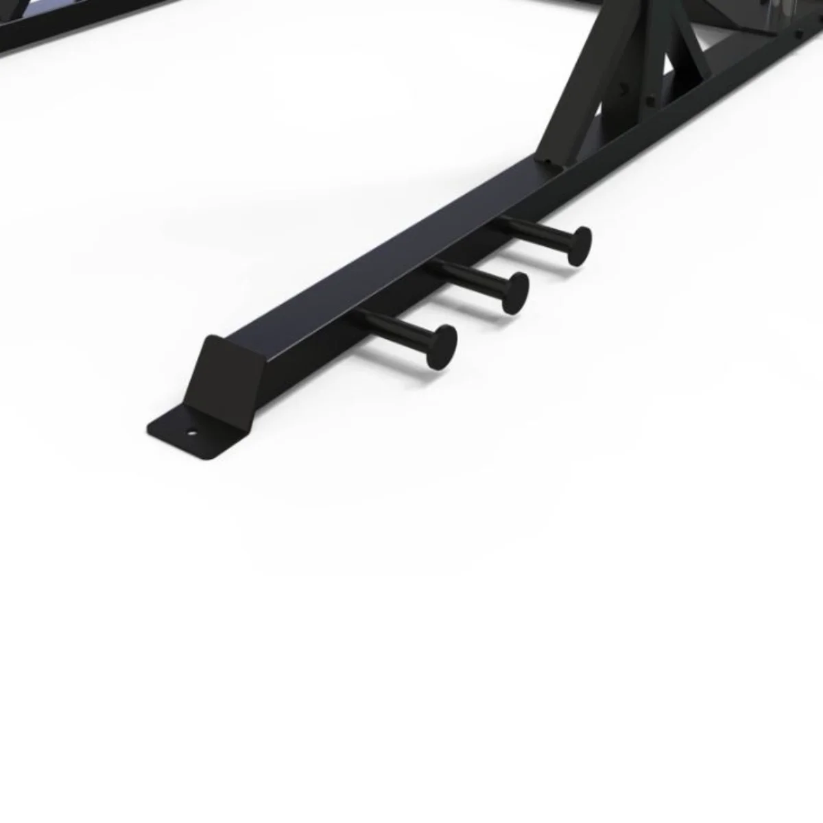 Een zwarte metalen constructie met haken om op te hangen. De constructie staat op een witte achtergrond.
