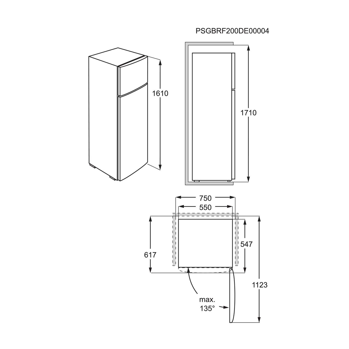 Disegno tecnico di un frigorifero con dimensioni ed etichette.