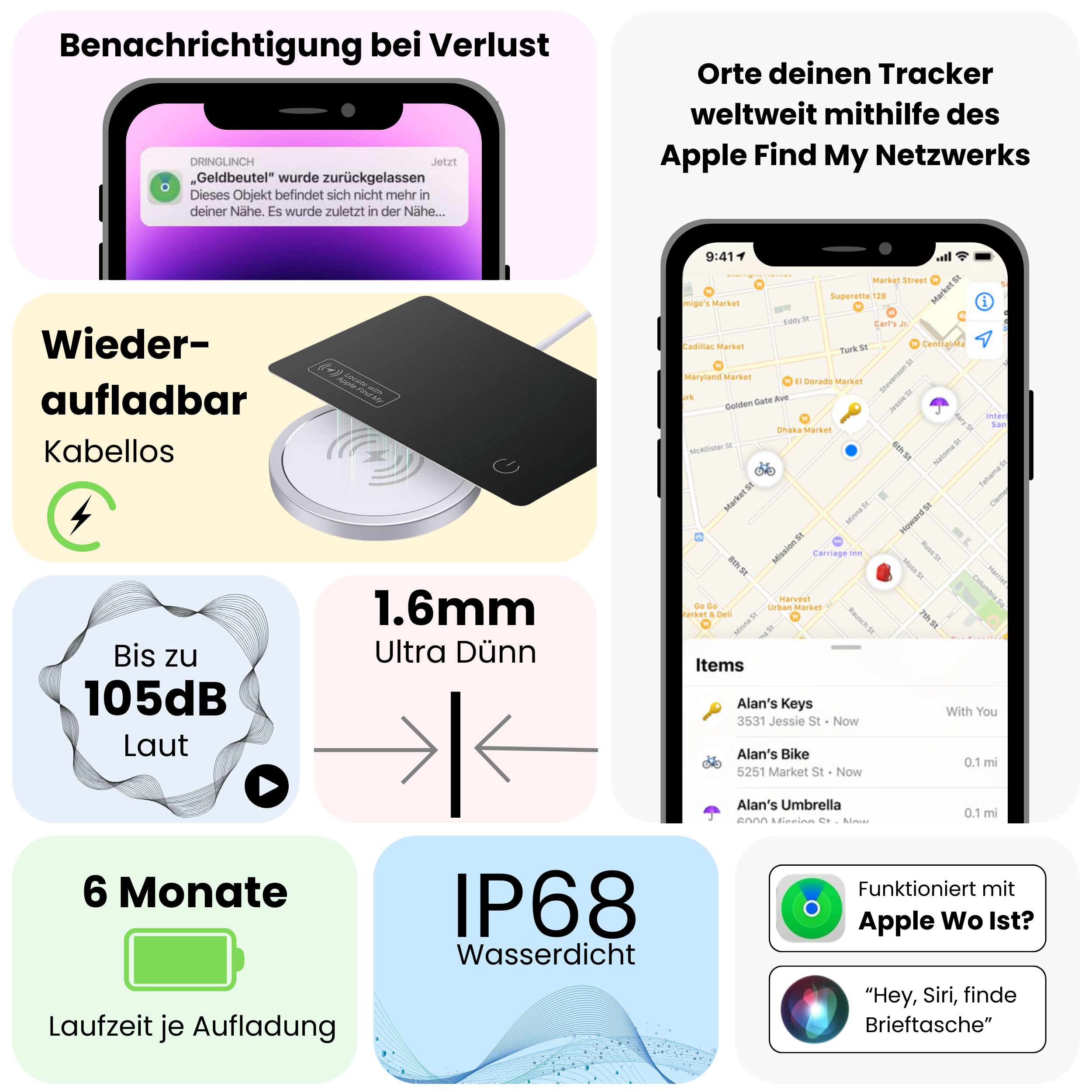 Infografik über ein Apple-Gerät mit Funktionen wie kabellosem Laden und Apple Find My.