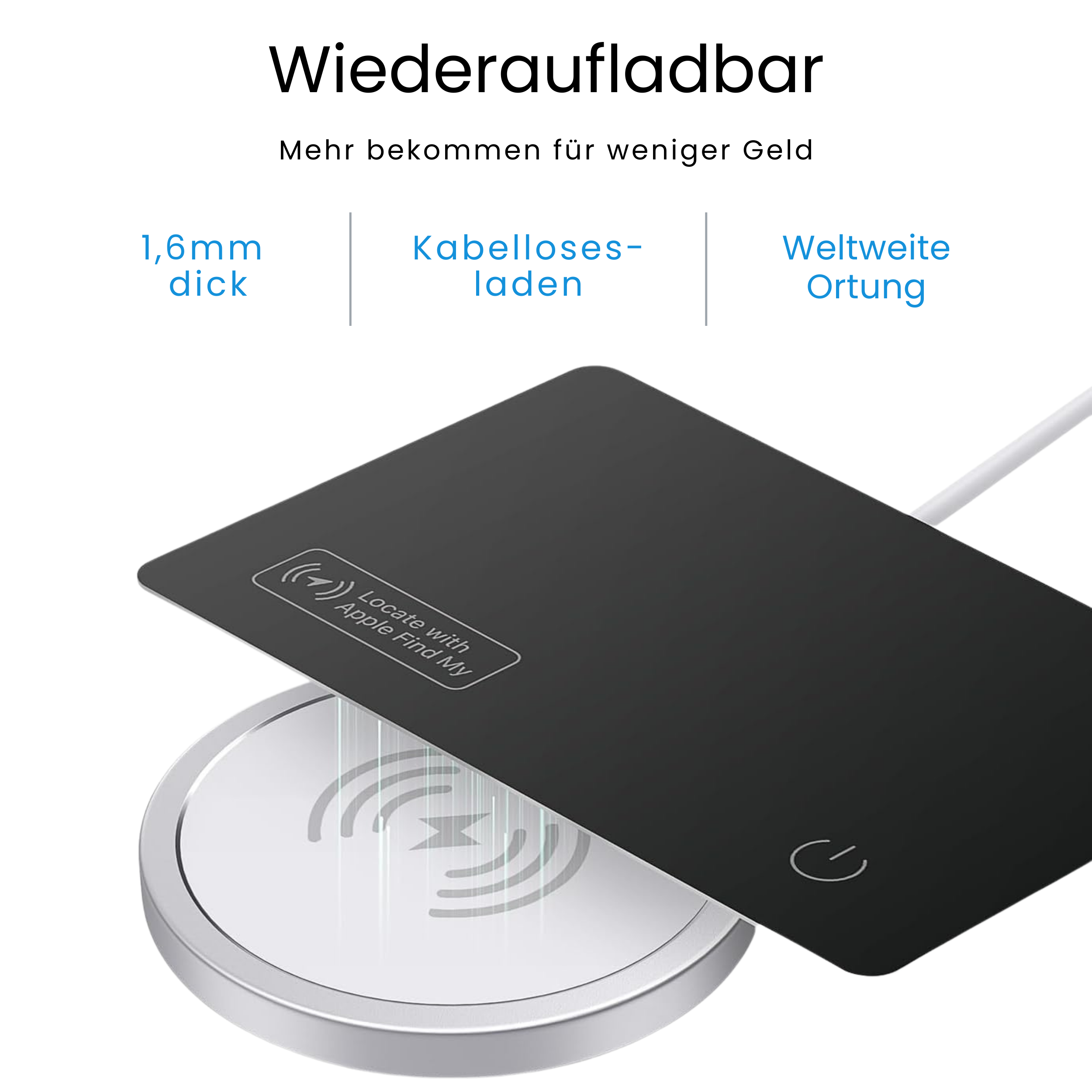 Schwarzes kabelloses Ladepad mit dem Text "Locate with Apple Find My".
