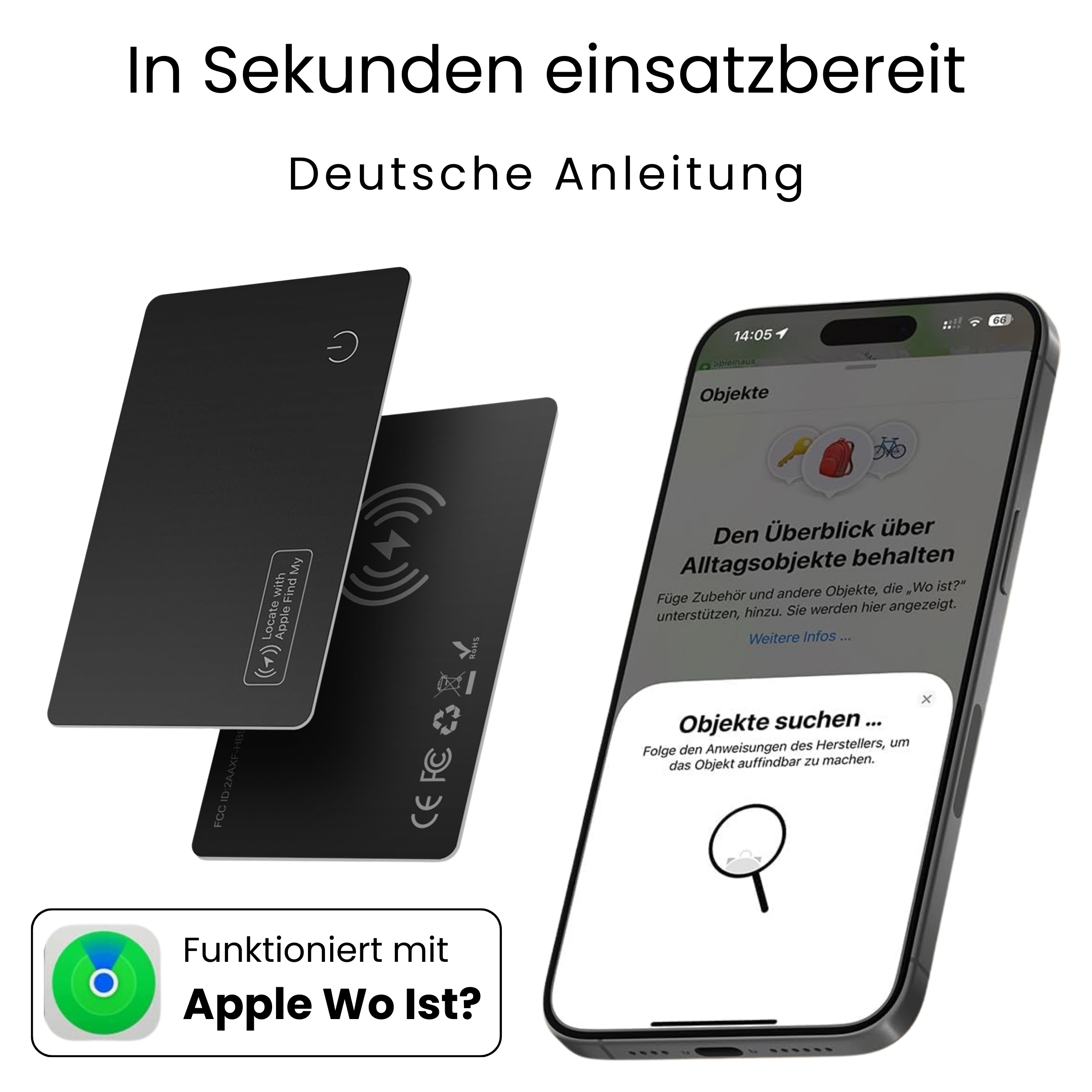 Zwei schwarze Karten und ein Smartphone mit App-Oberfläche, alles auf weißem Grund.