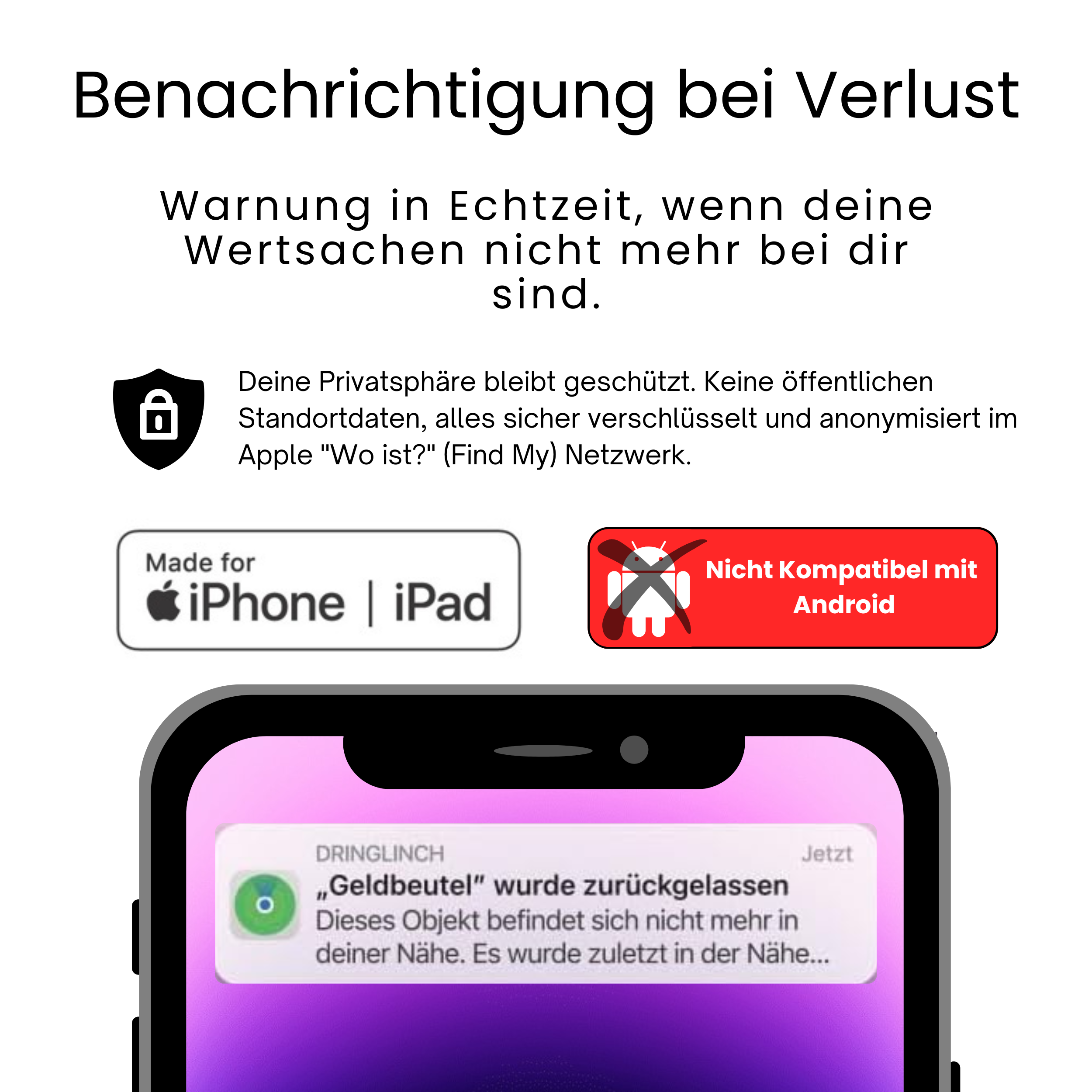 Eine iPhone/iPad-Benachrichtigung, die zeigt, dass eine Brieftasche zurückgelassen wurde. Es ist nicht mit Android kompatibel.
