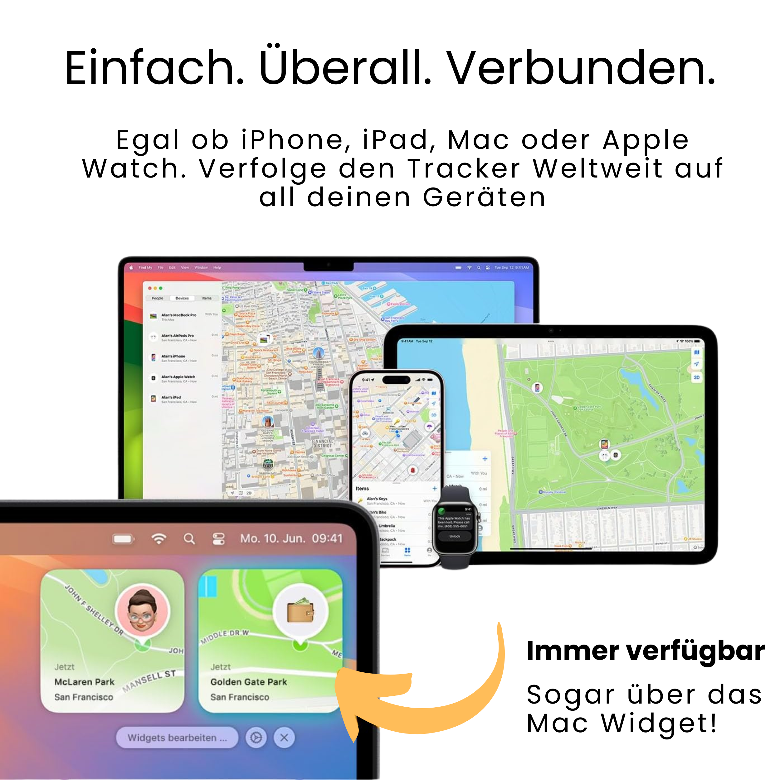 Mehrere Geräte zeigen Karten mit einem Karten-Widget für Apple-Geräte.
