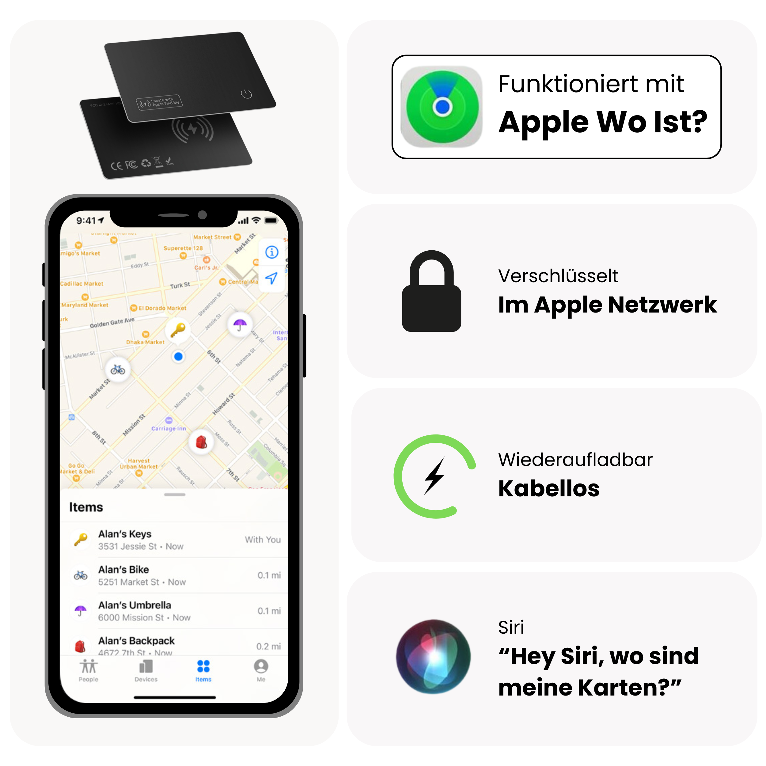 Ein Telefon, das eine Karte mit Objektstandorten und zwei schwarzen Ortungsgeräten zeigt.
