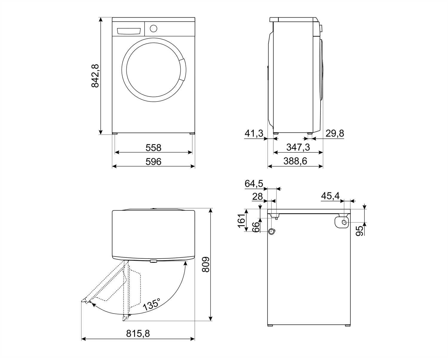 Diagramma con dimensioni di una lavatrice, che mostra le viste frontale, laterale e superiore.