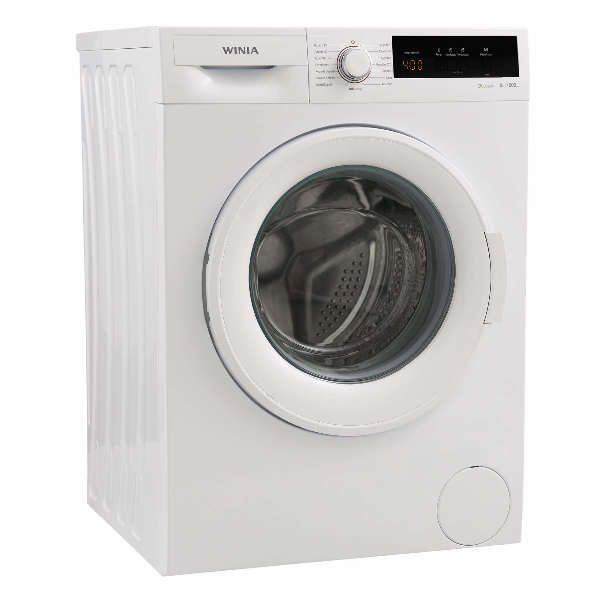 Lavadora blanca, con puerta frontal y panel de control superior.