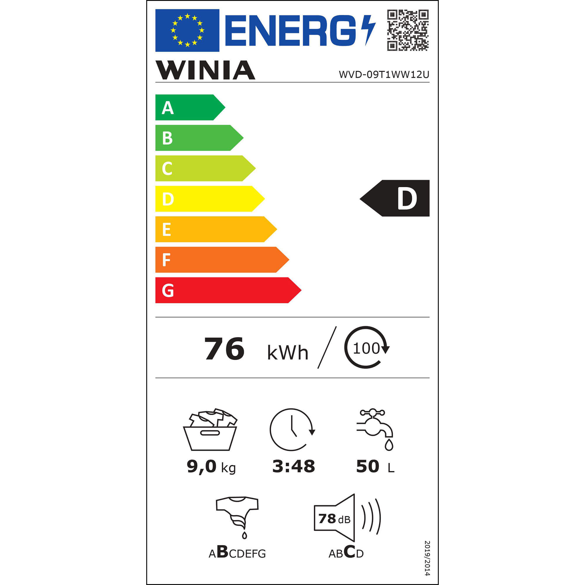 Etiqueta energética para una lavadora, clasificación D. Incluye otra información.