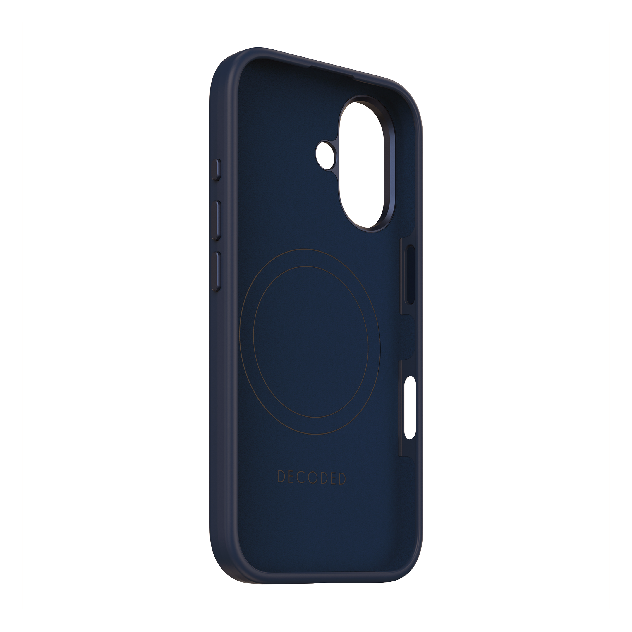 Blauwe telefoonhoes met een goudkleurig cirkelpatroon en het woord DECODED.