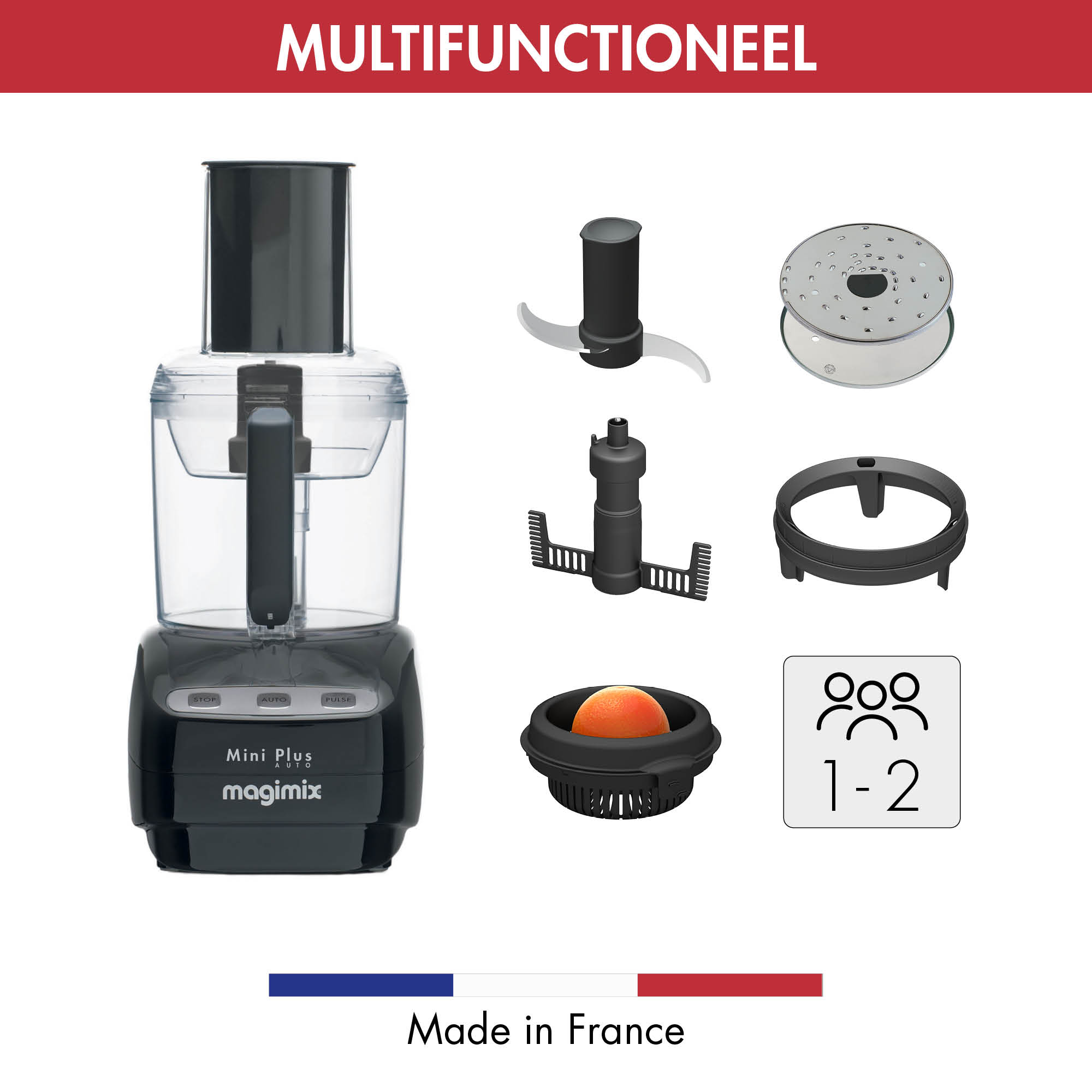 Robot da cucina con accessori e testo 'multifunctioneel' e 'Made in France'.