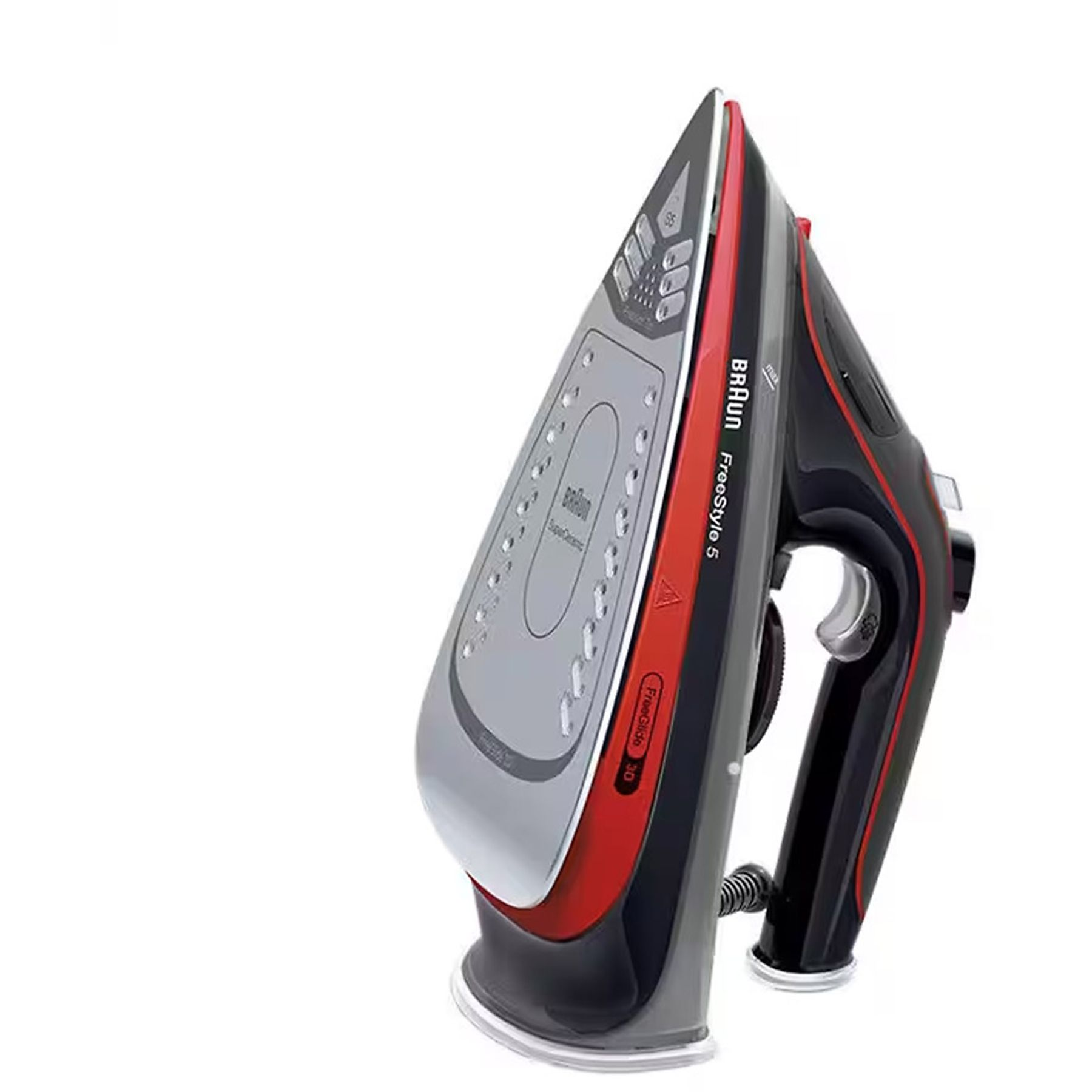 Żelazko Braun FreeStyle 5, czarne, czerwone i szare, na białej powierzchni, widok z boku.