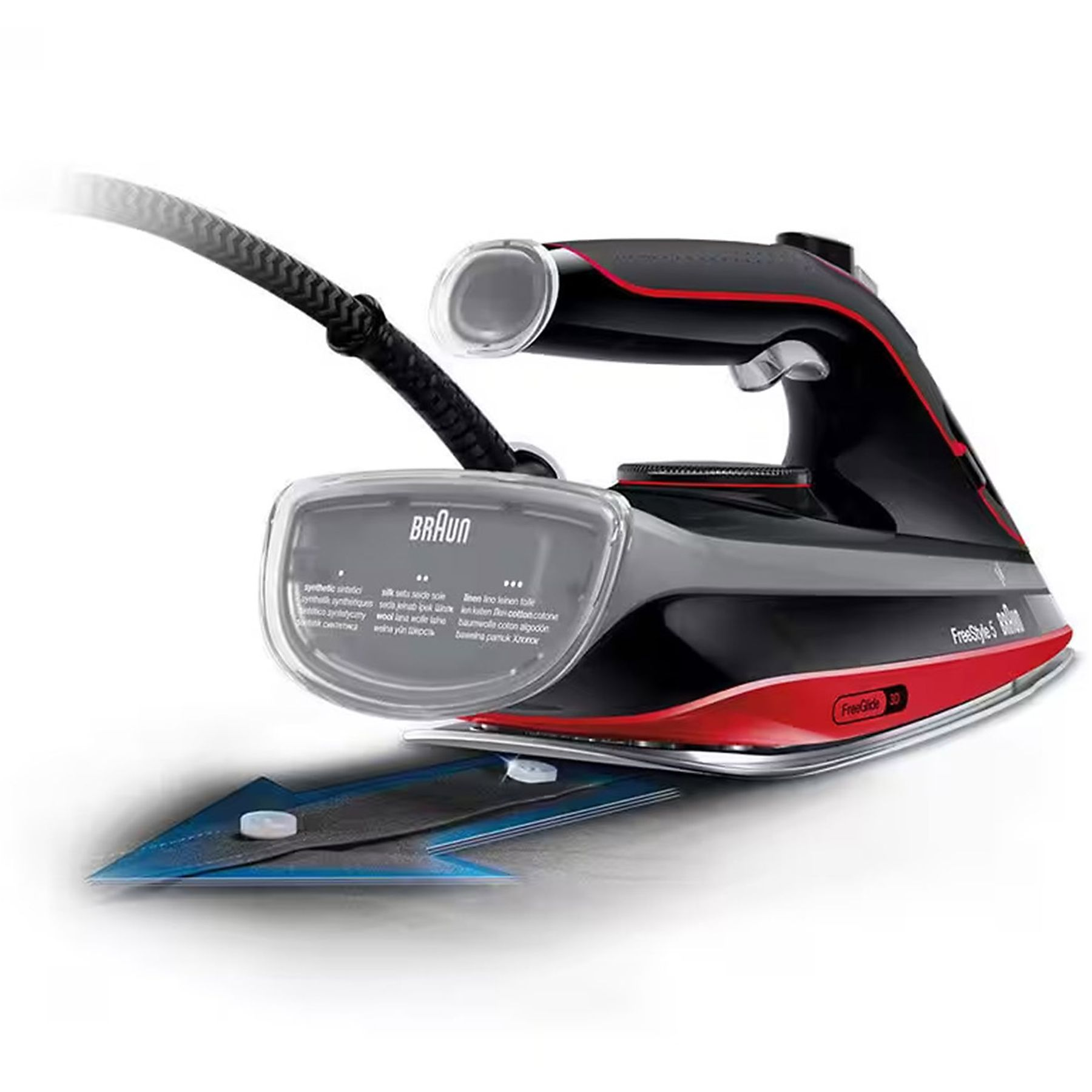 Czarne i czerwone żelazko z otworami parowymi i przezroczystym zbiornikiem na wodę.