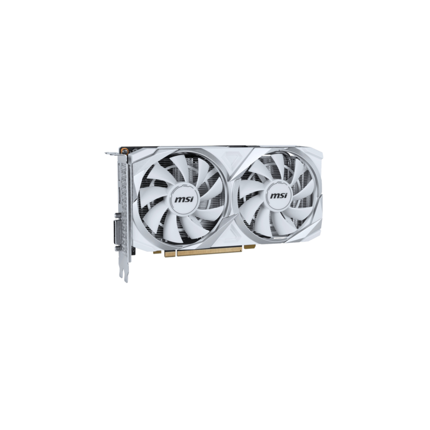 Biała karta graficzna MSI z dwoma wentylatorami, widok z boku, na białym tle.