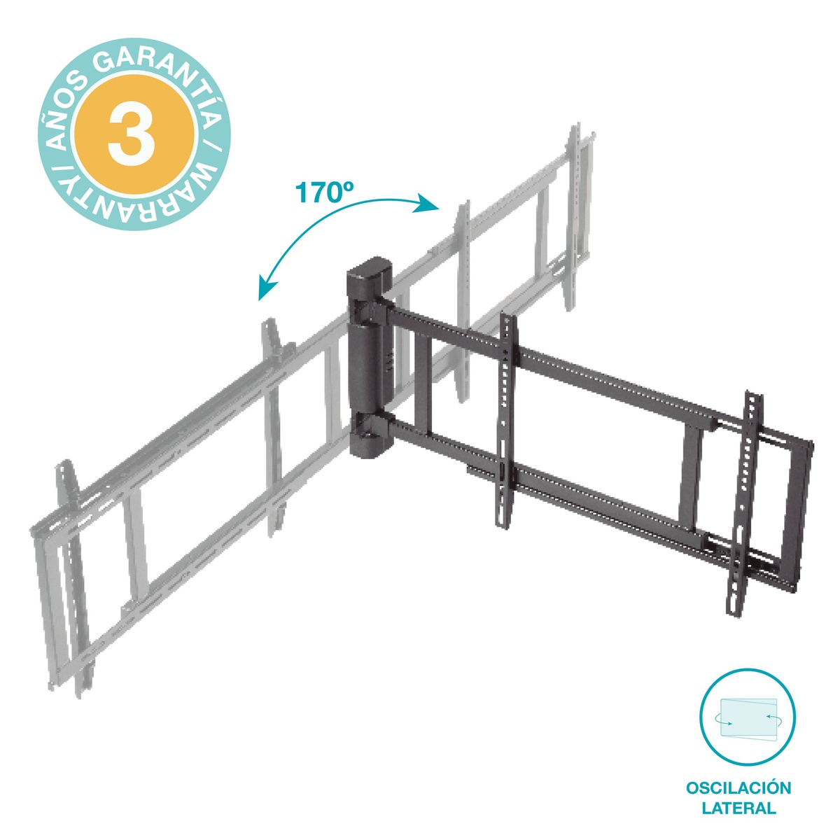 Soporte de pared para TV negro, con rotación de 170 grados. Sello de garantía.