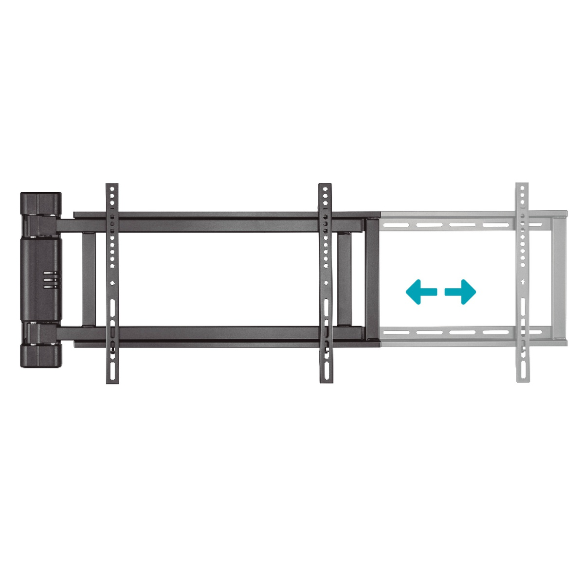 Un soporte de pared para TV negro y gris sobre fondo blanco.
