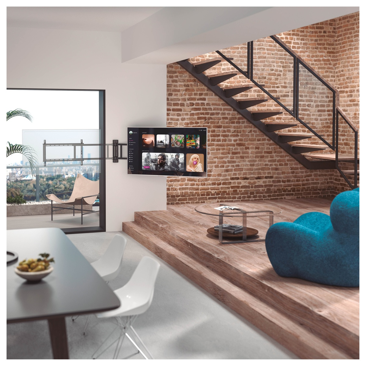 Interior moderno con TV en pared, escaleras y sillón azul. Vista ciudad desde ventana.